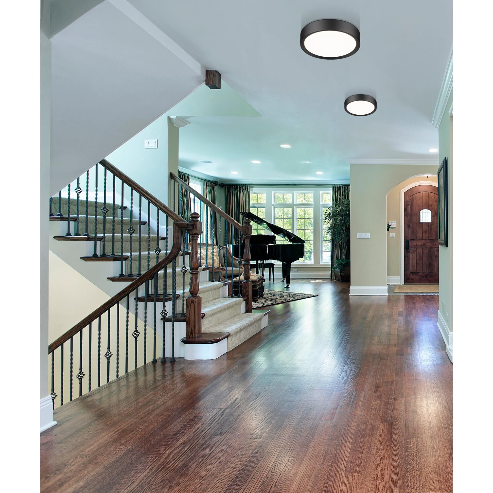 Shown in Matte Black finish and Frosted glass and Frosted shade