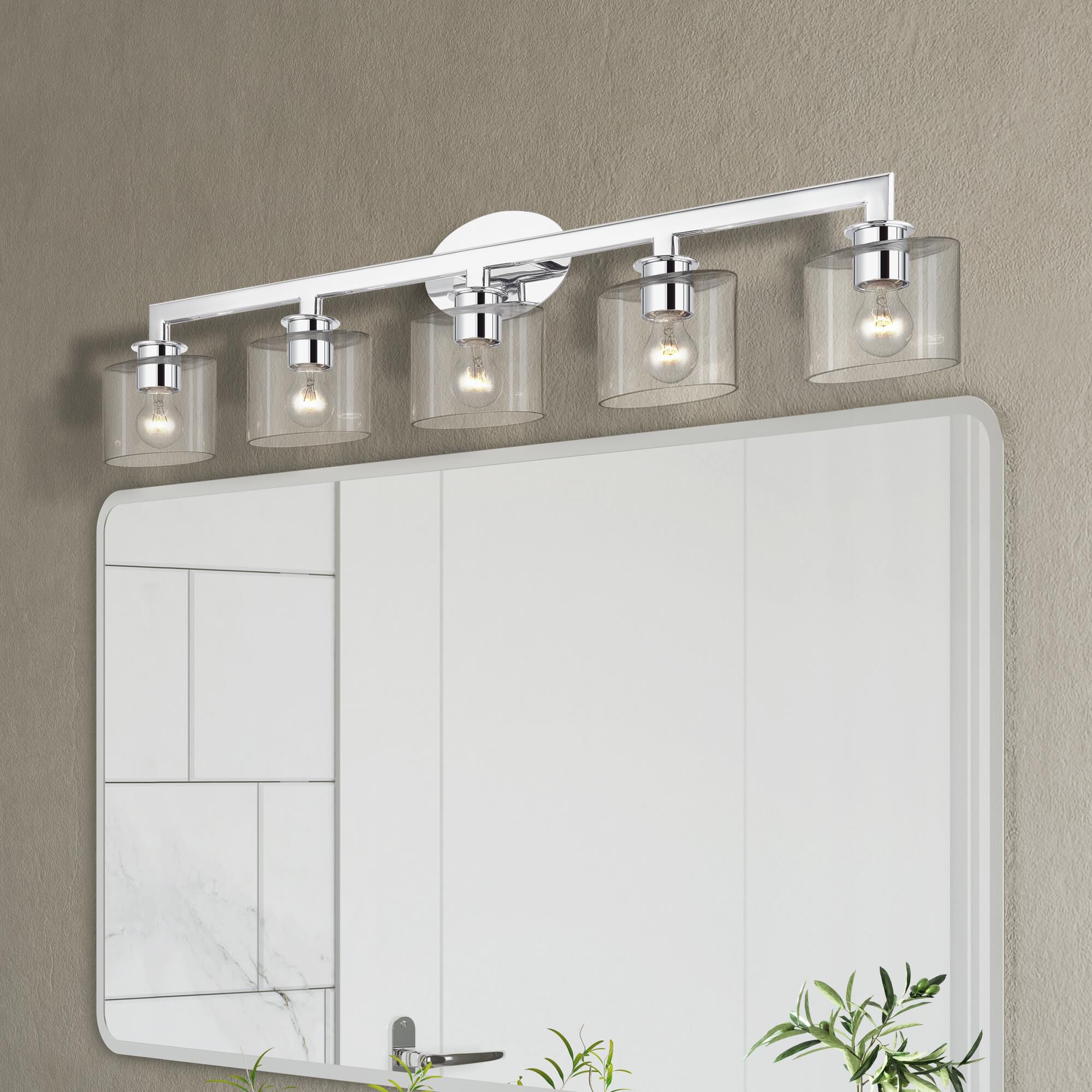 Shown in Polished Chrome finish and Mouth Blown Clear glass