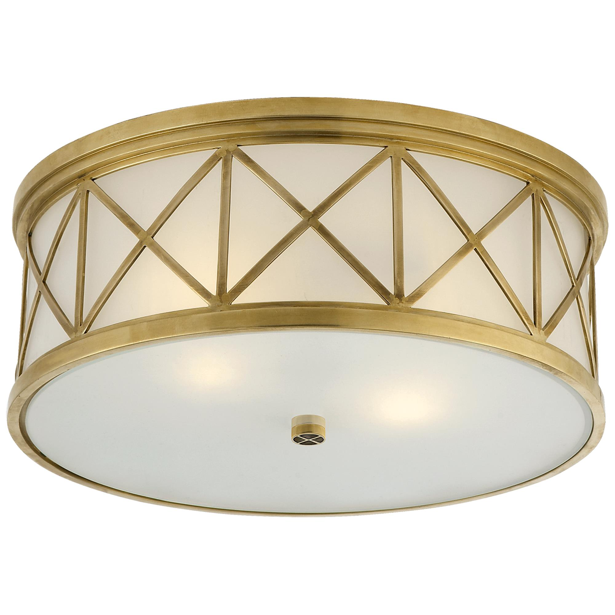 Shown in Hand-Rubbed Antique Brass finish and Frosted glass