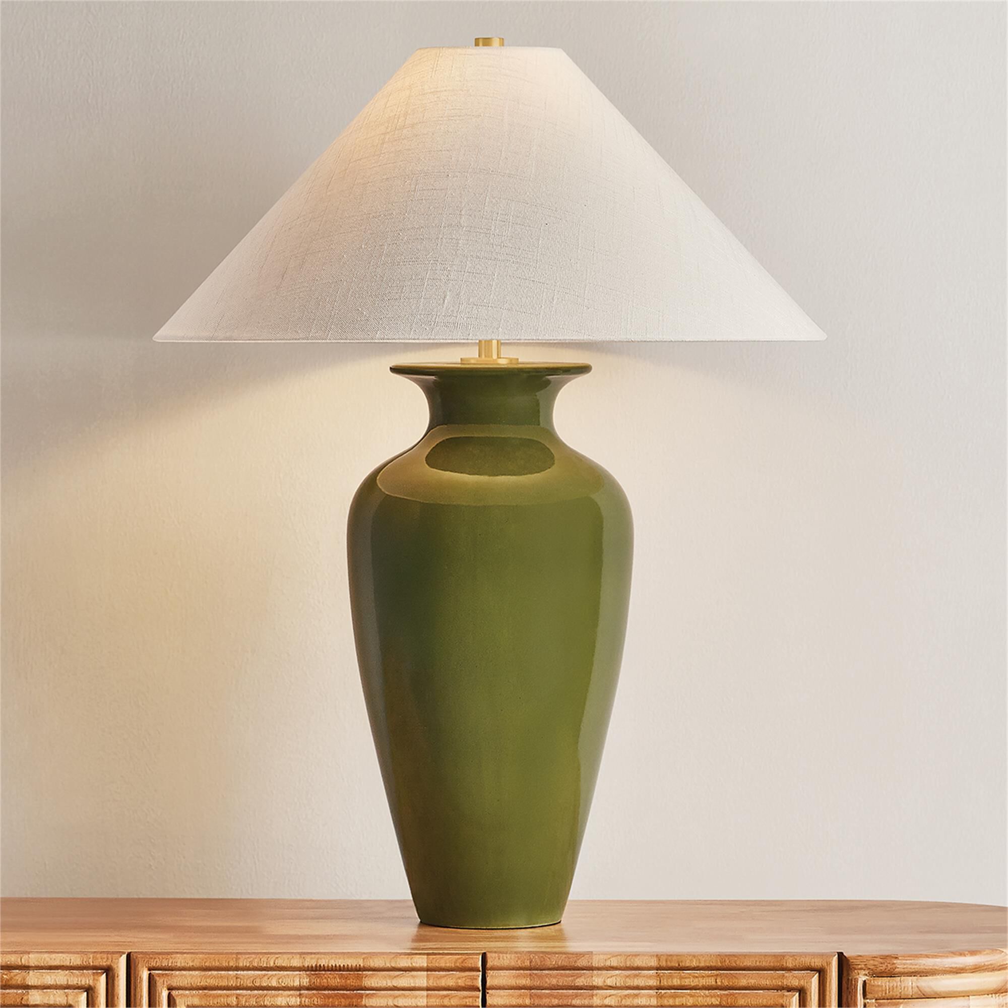Shown in Aged Brass and Ceramic Nori Green finish and Textured Linen shade
