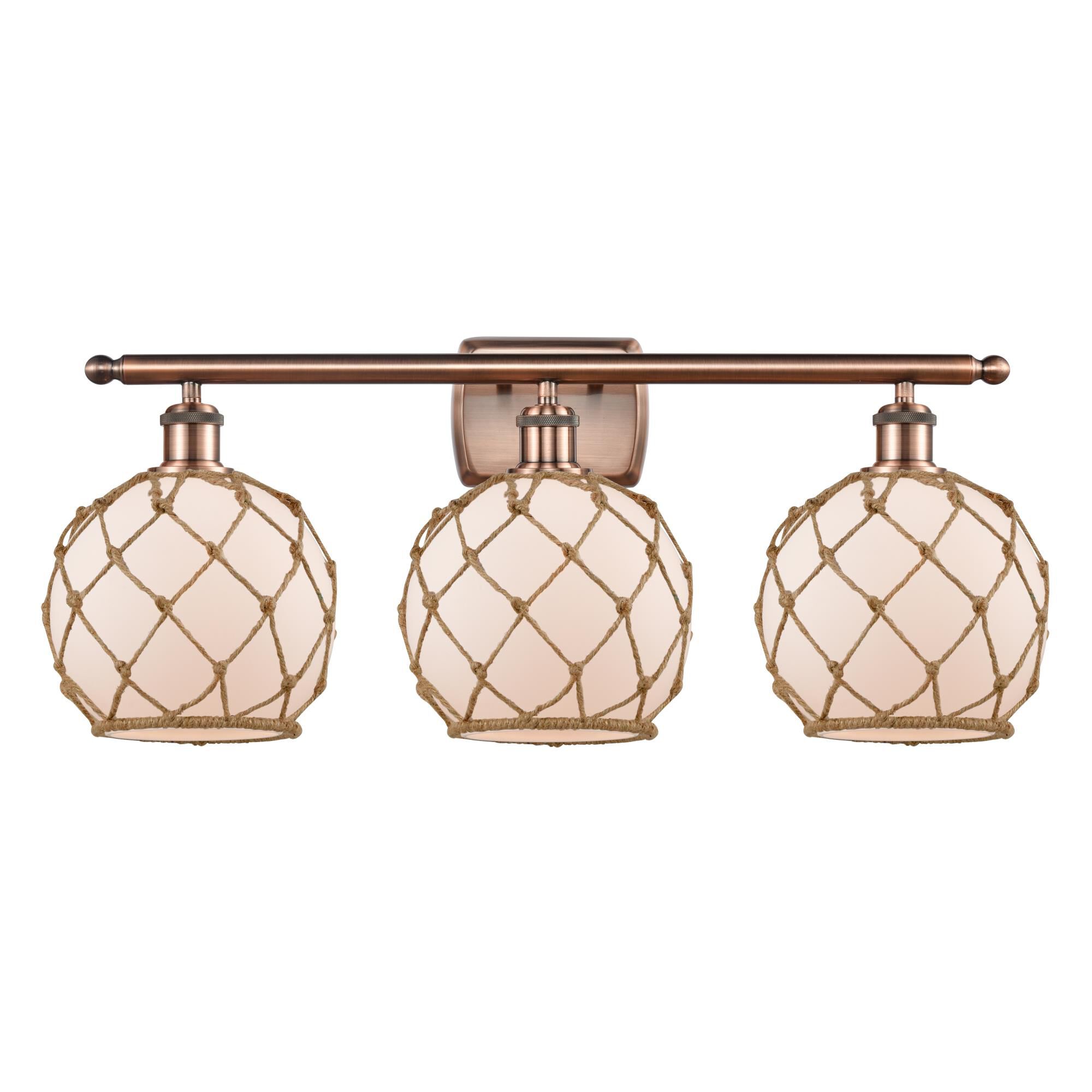 Shown in Antique Copper finish and Sphere glass and Glass And Rope shade
