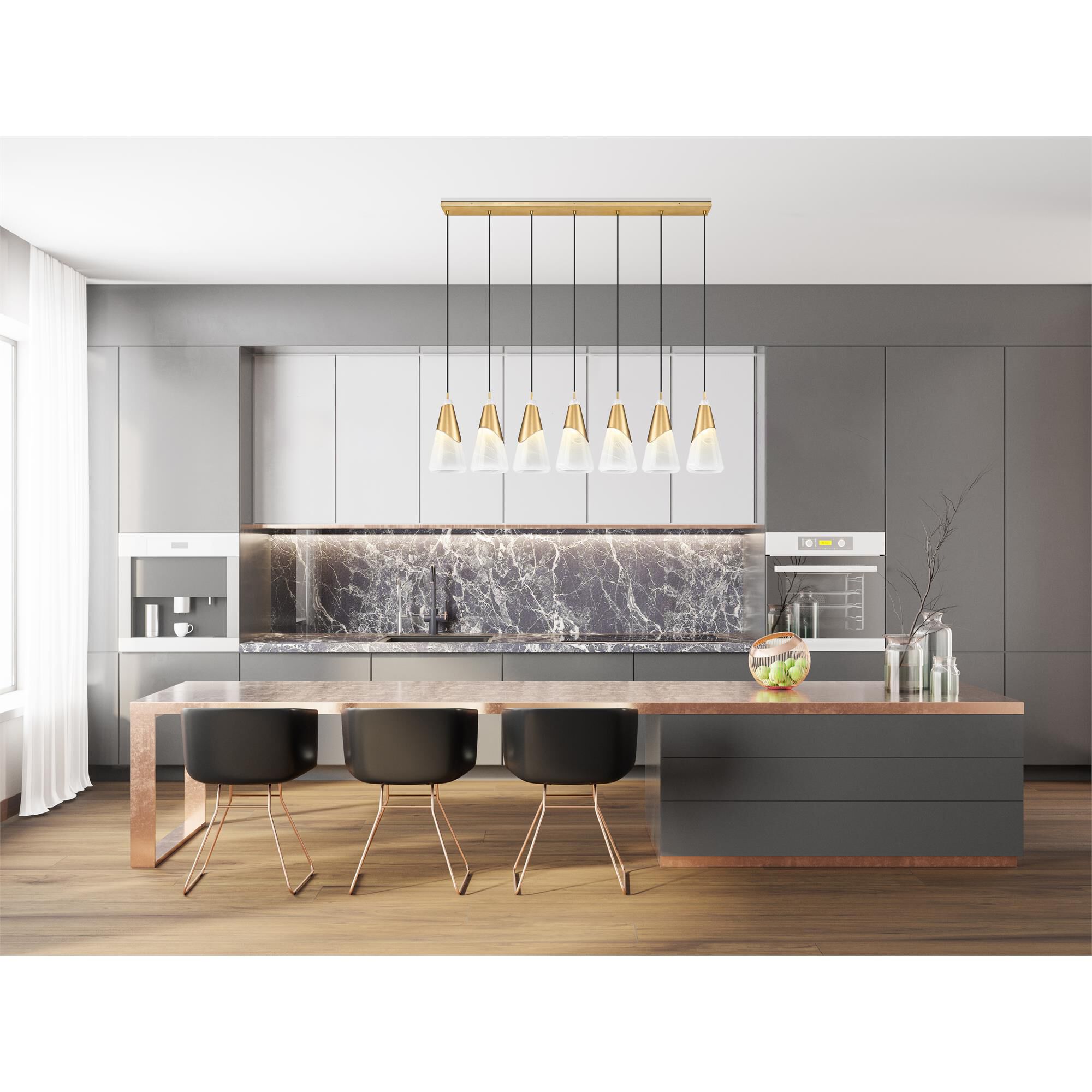 Shown in Modern Gold finish and White Swirl glass and White Swirl shade