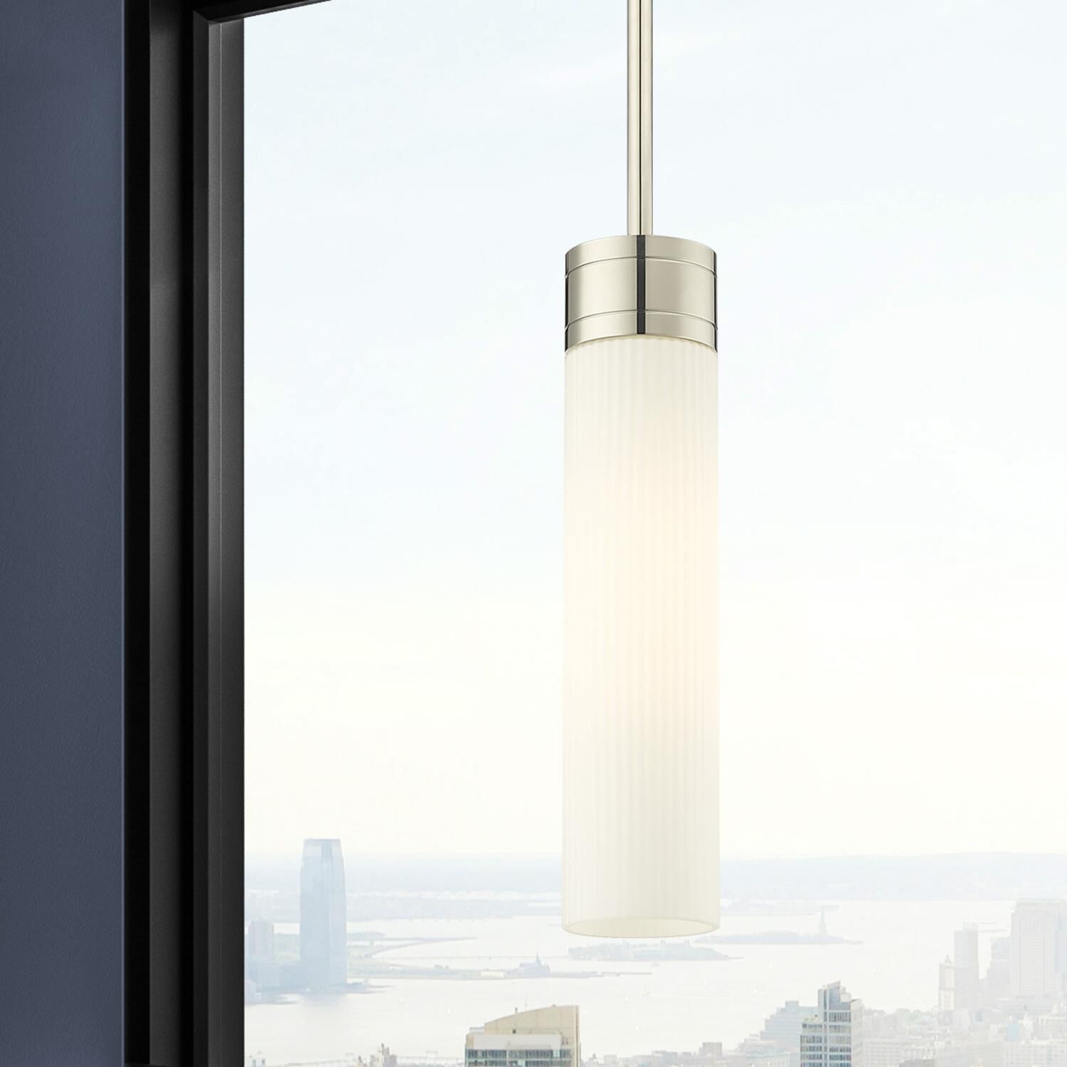 Shown in Polished Nickel finish and Striped White glass