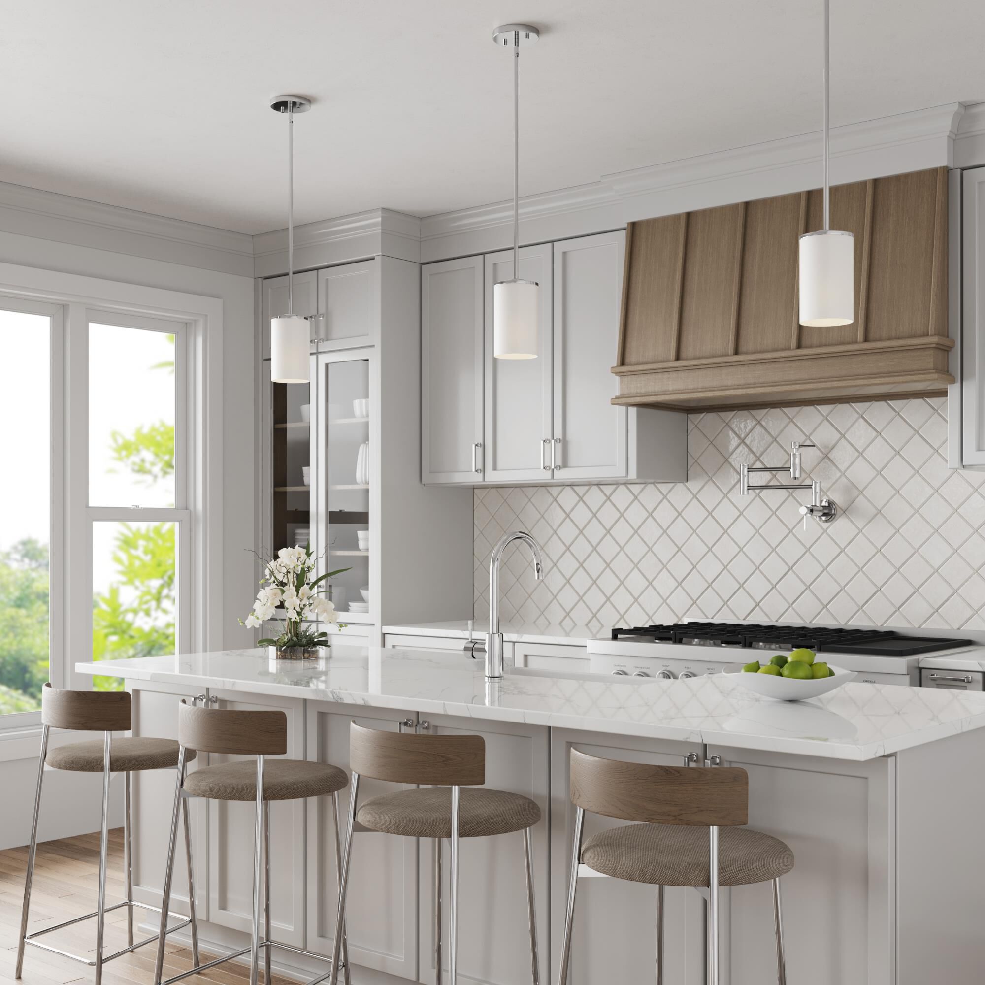 Shown in Chrome finish and Etched White glass