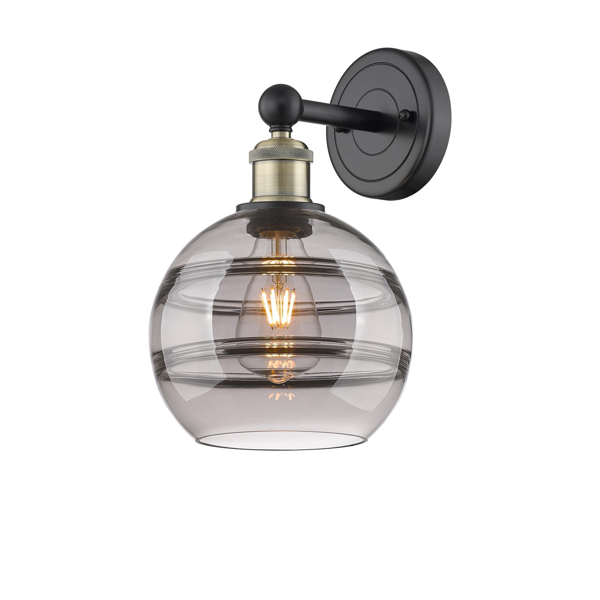 Shown in Black Antique Brass finish and Light Smoke glass