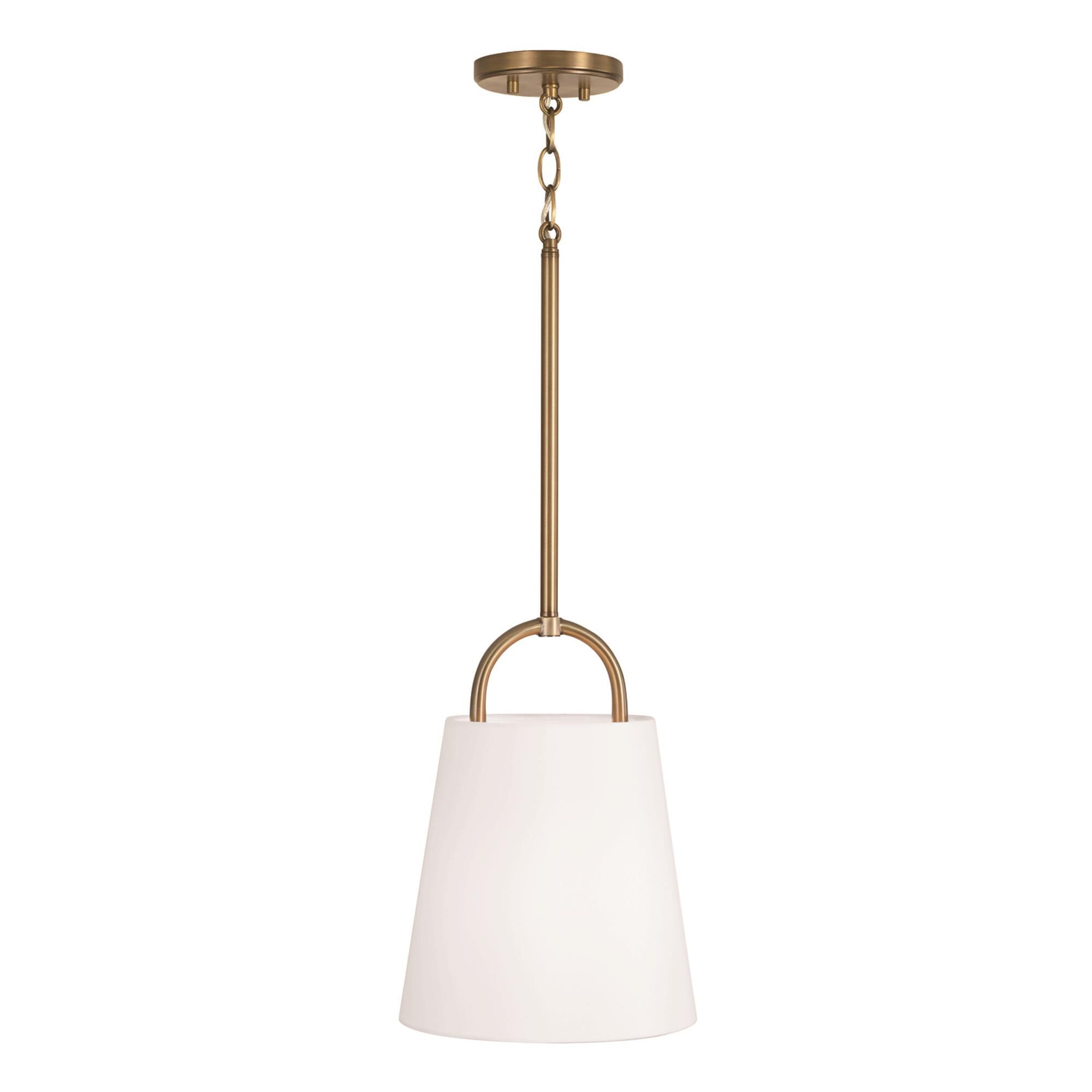 Shown in Aged Brass finish and White Fabric shade