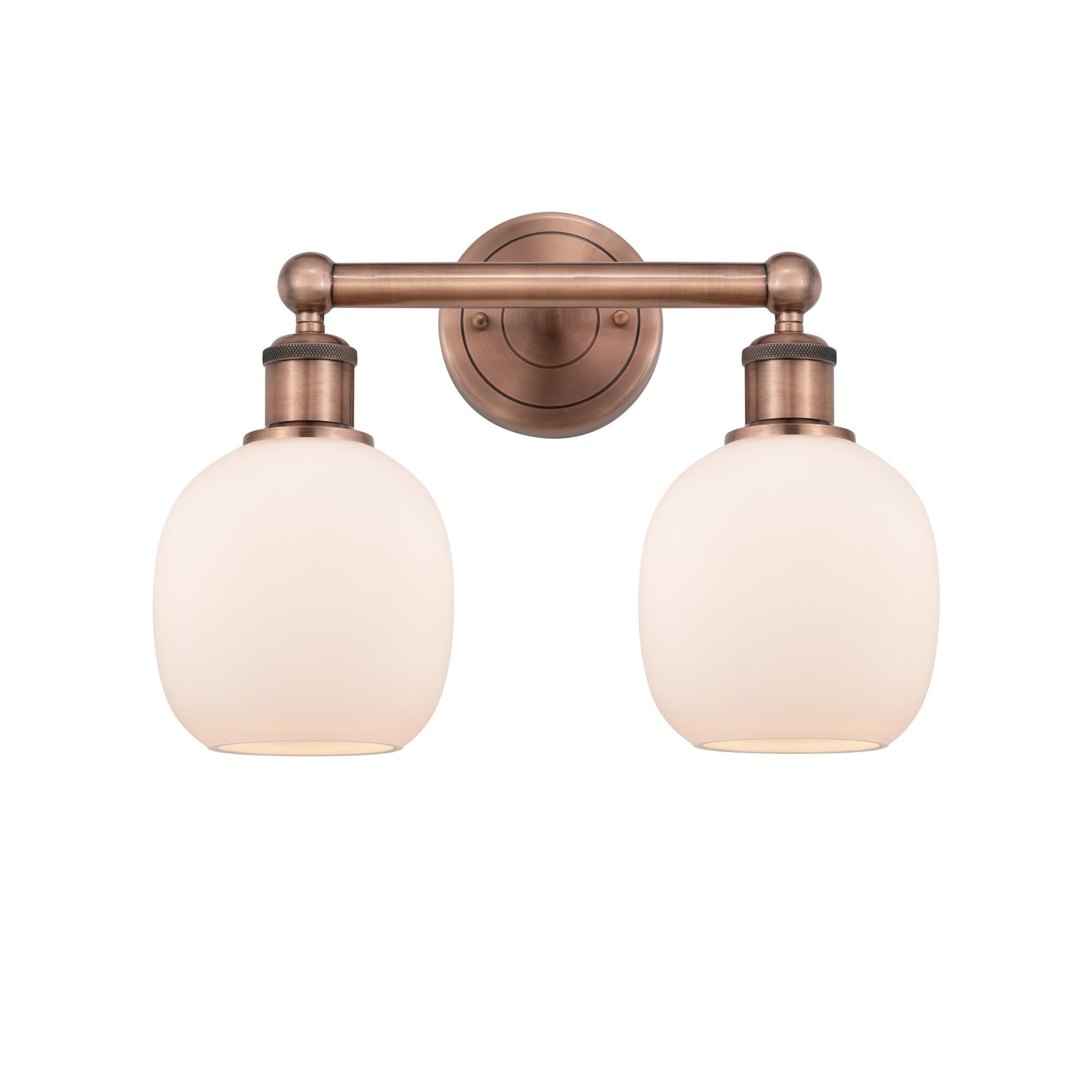 Shown in Antique Copper finish and Matte White glass