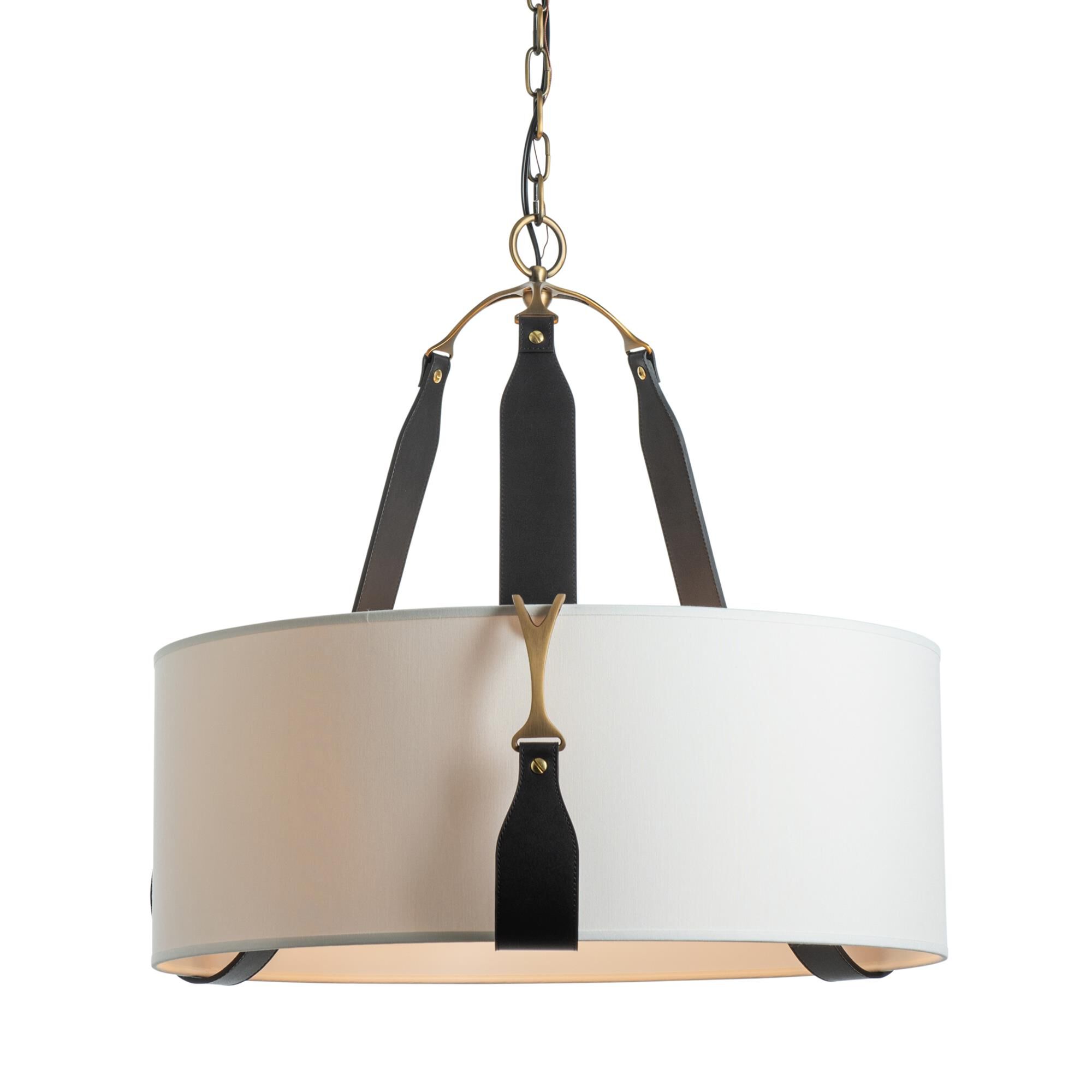 Shown in Antique Brass finish and Natural Anna shade and Leather Black accent