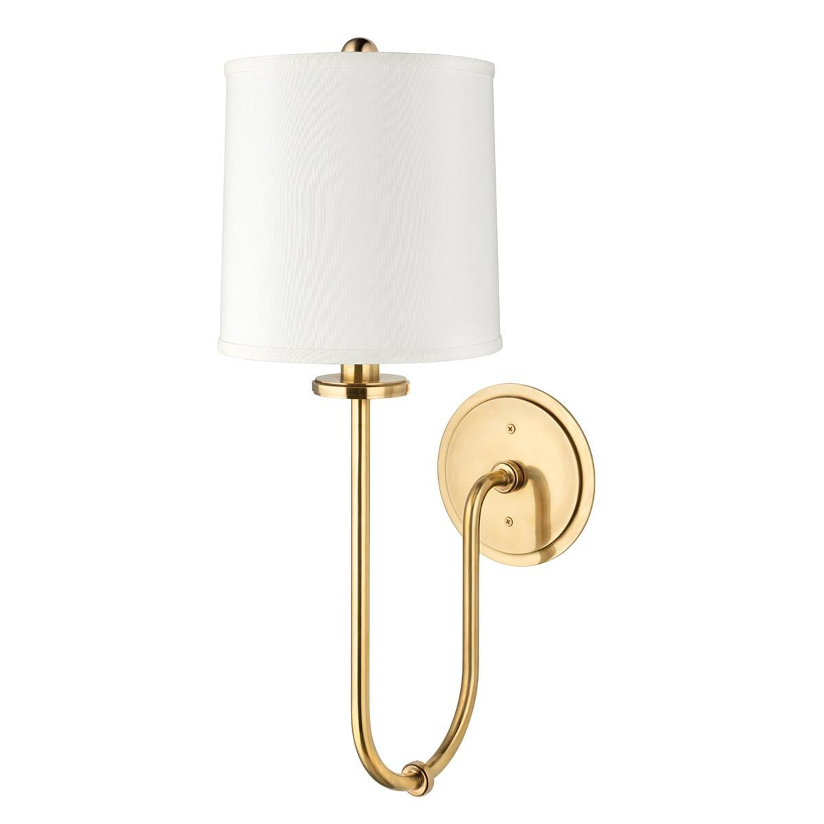 Shown in Aged Brass finish and Off White Linen shade