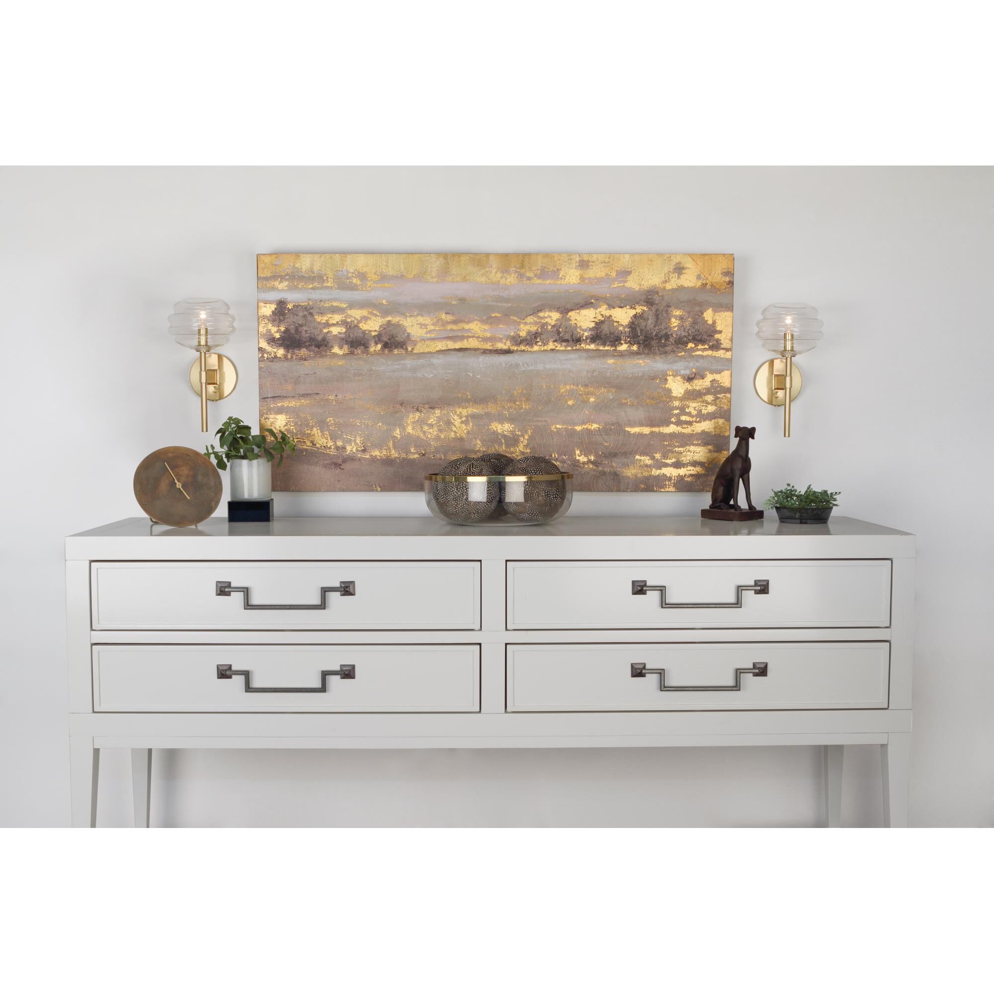 Shown in Modern Brass finish and Lucite accent