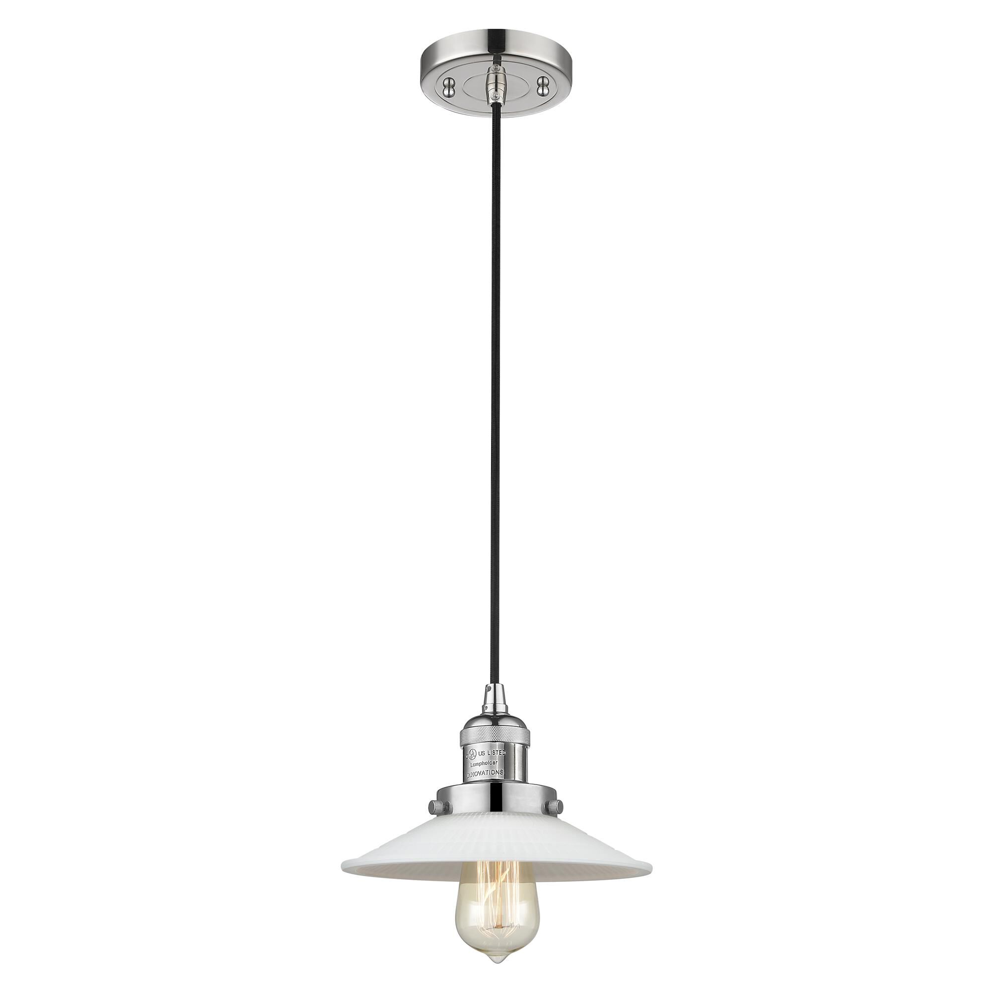 Shown in Polished Nickel finish and Matte White Halophane - Cone glass and Black Textured Cord accent