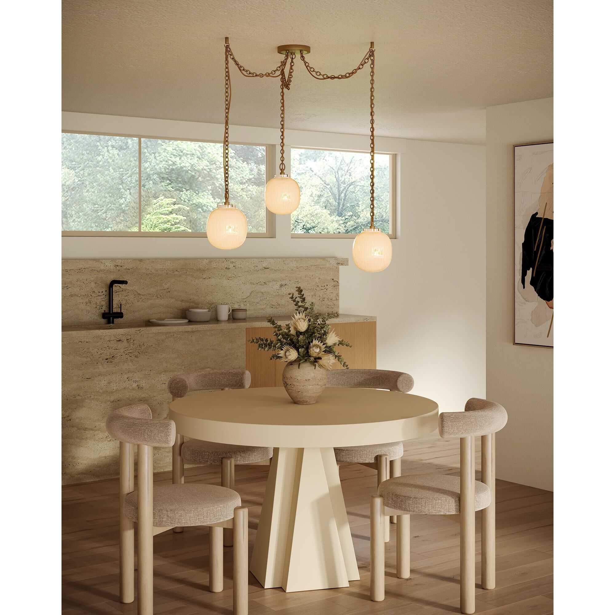 Shown in Brushed Gold finish and Glossy Ribbed Opal glass