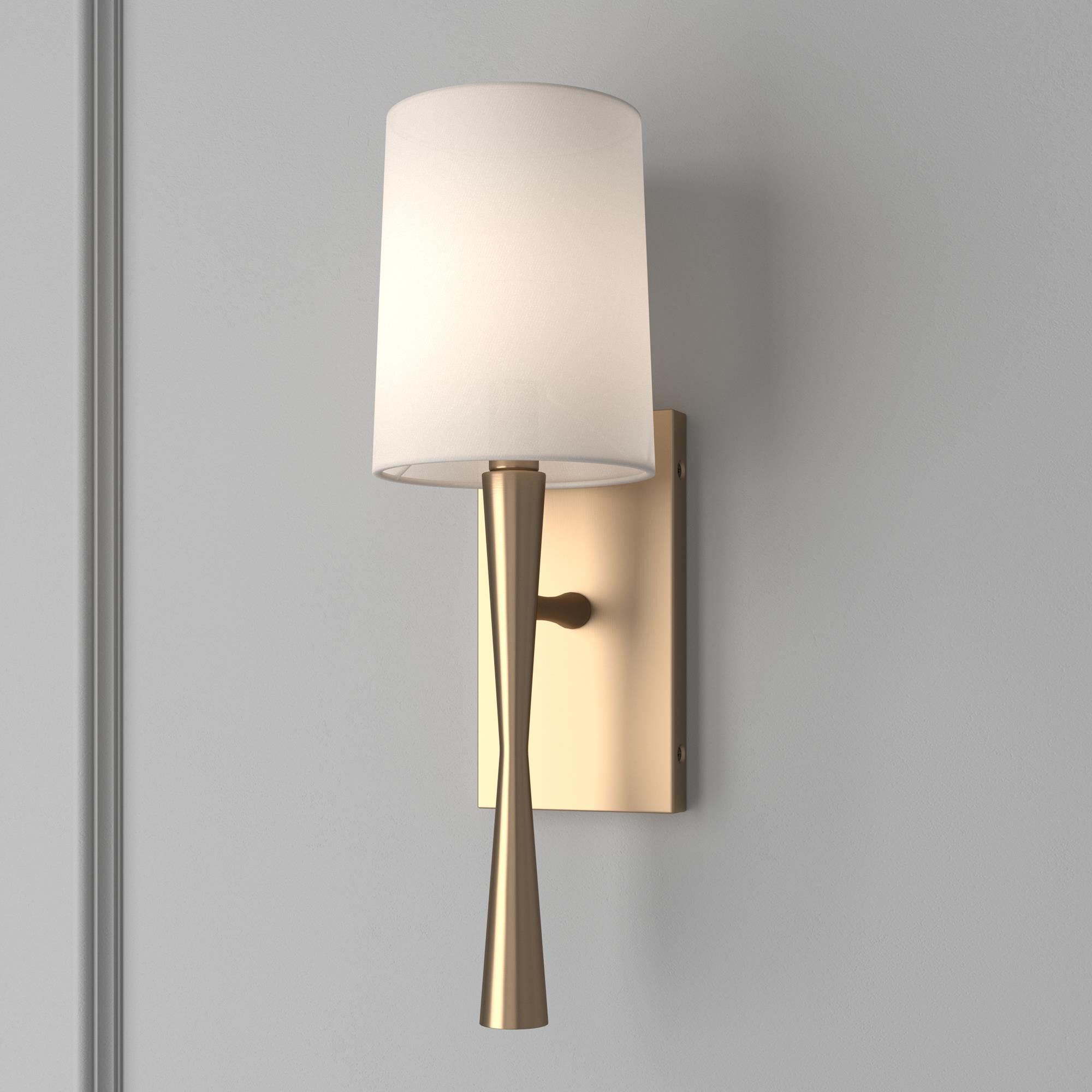Shown in Aged Brass finish and Silk glass and White shade