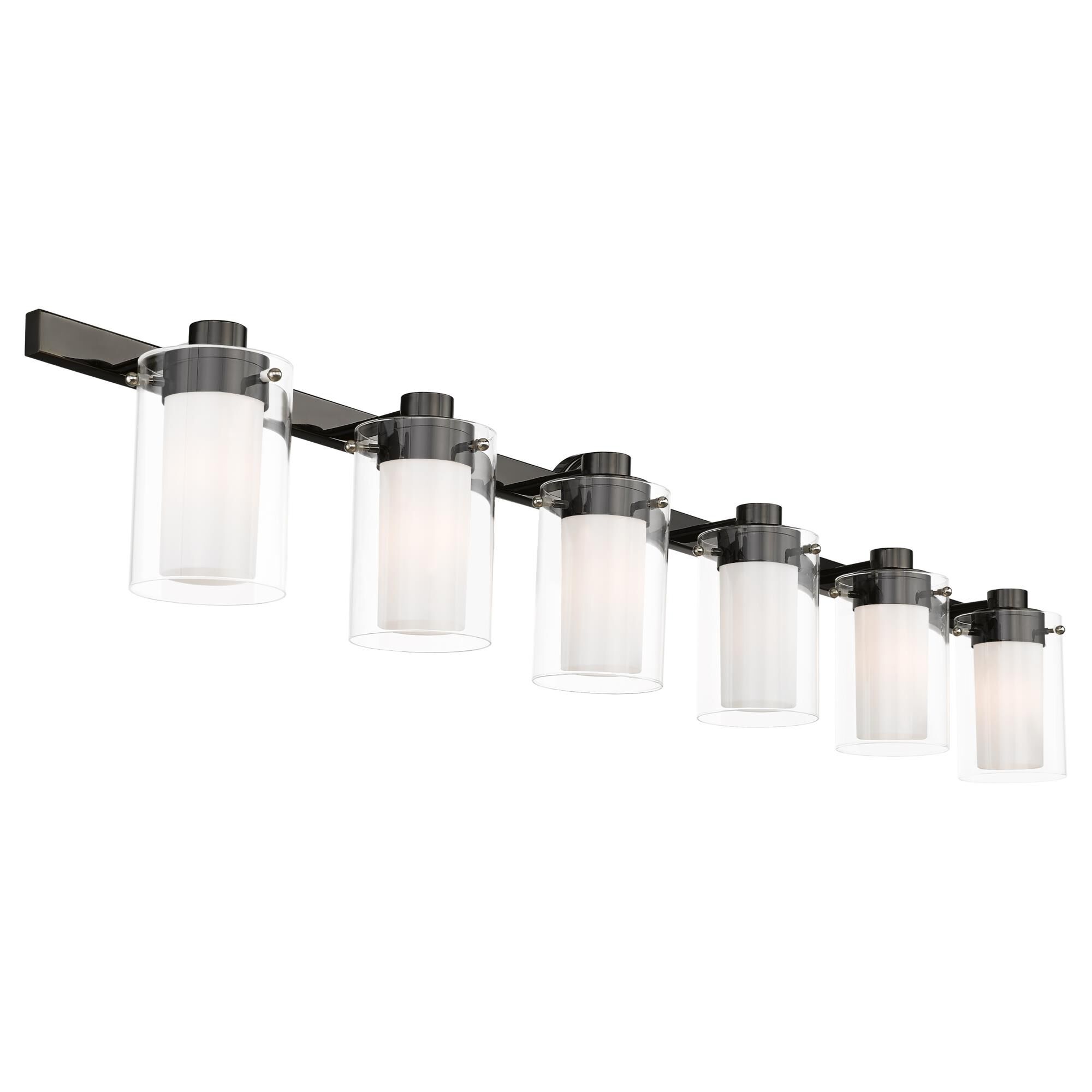 Shown in Polished Black Chrome finish and Hand Blown Clear Outer  & Satin Opal White Inner glass and Hand Blown Clear Outer Glass & Satin Opal White Inner Glass shade