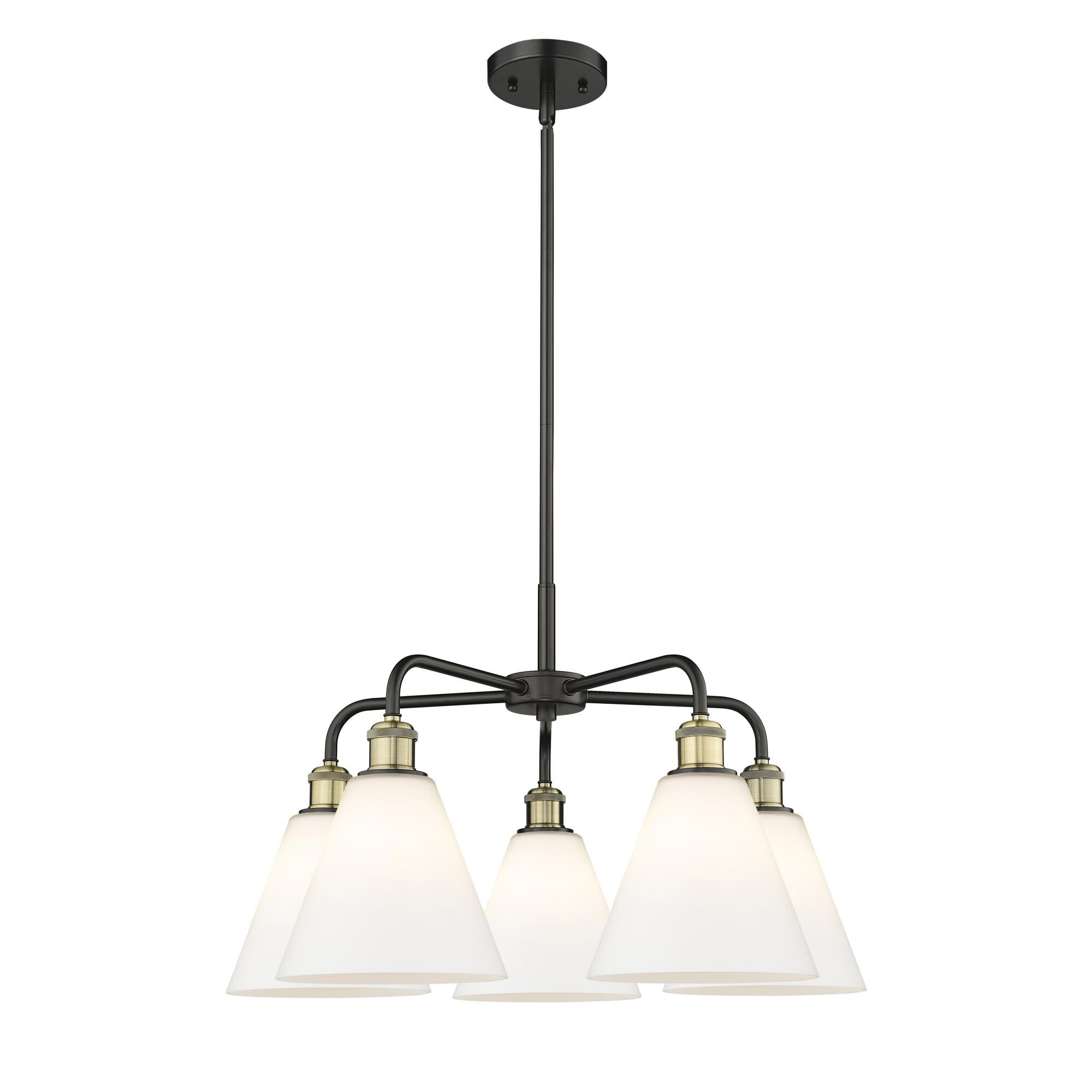 Shown in Black Antique Brass finish and Matte White glass