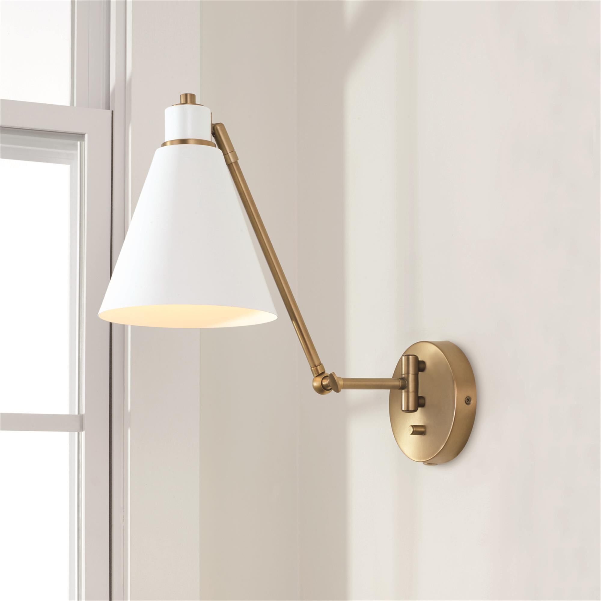 Shown in Aged Brass and White finish and White Metal  with White Interior shade