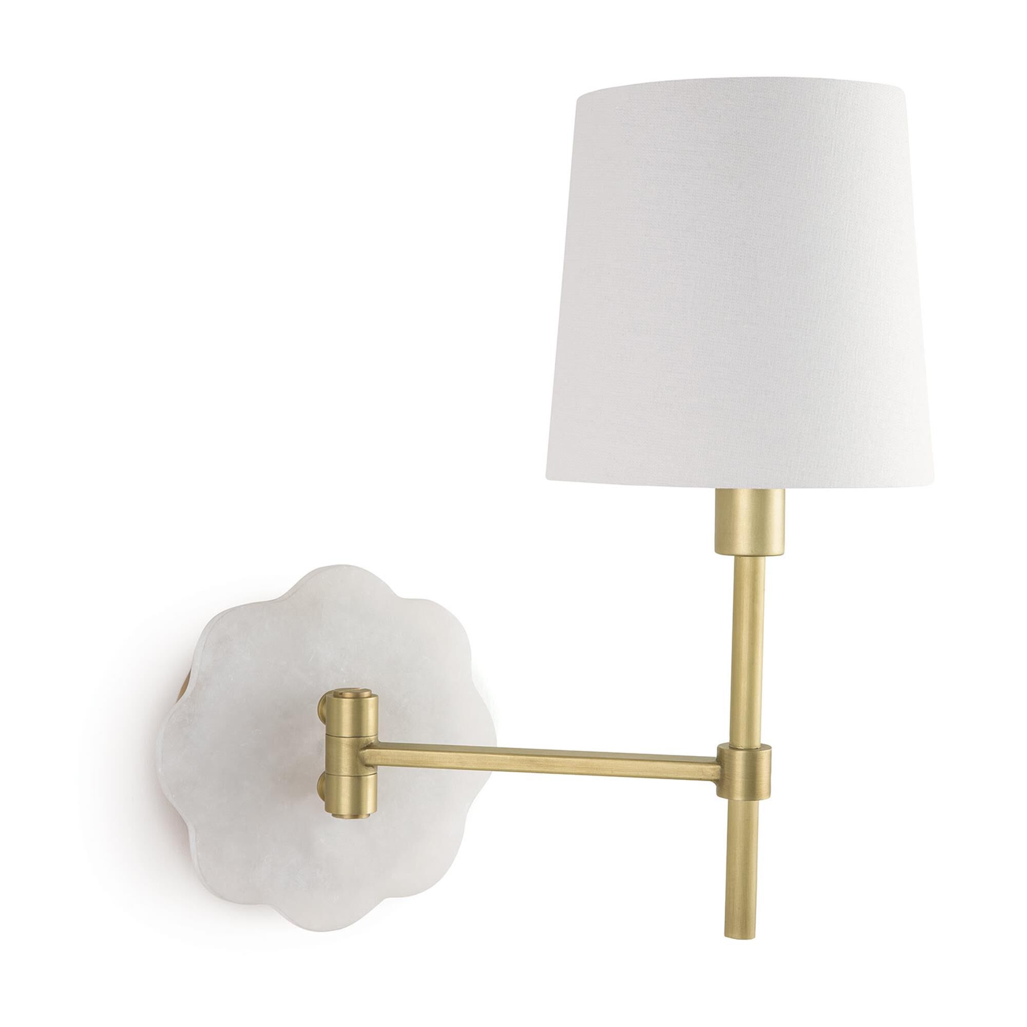 Shown in Natural Brass finish and Linen shade