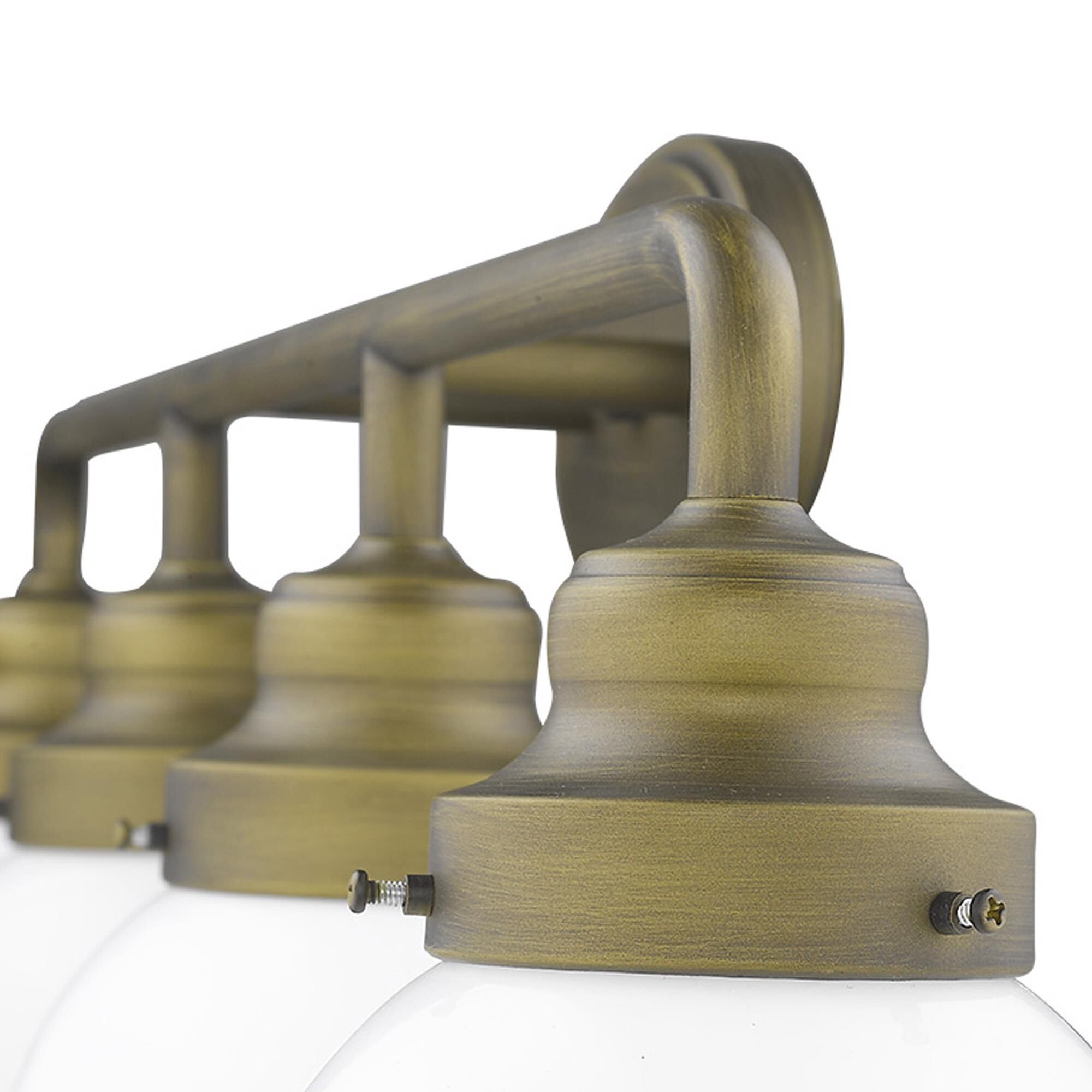 Shown in Raw Brass finish and Opal glass and Opal, Glass Globes shade