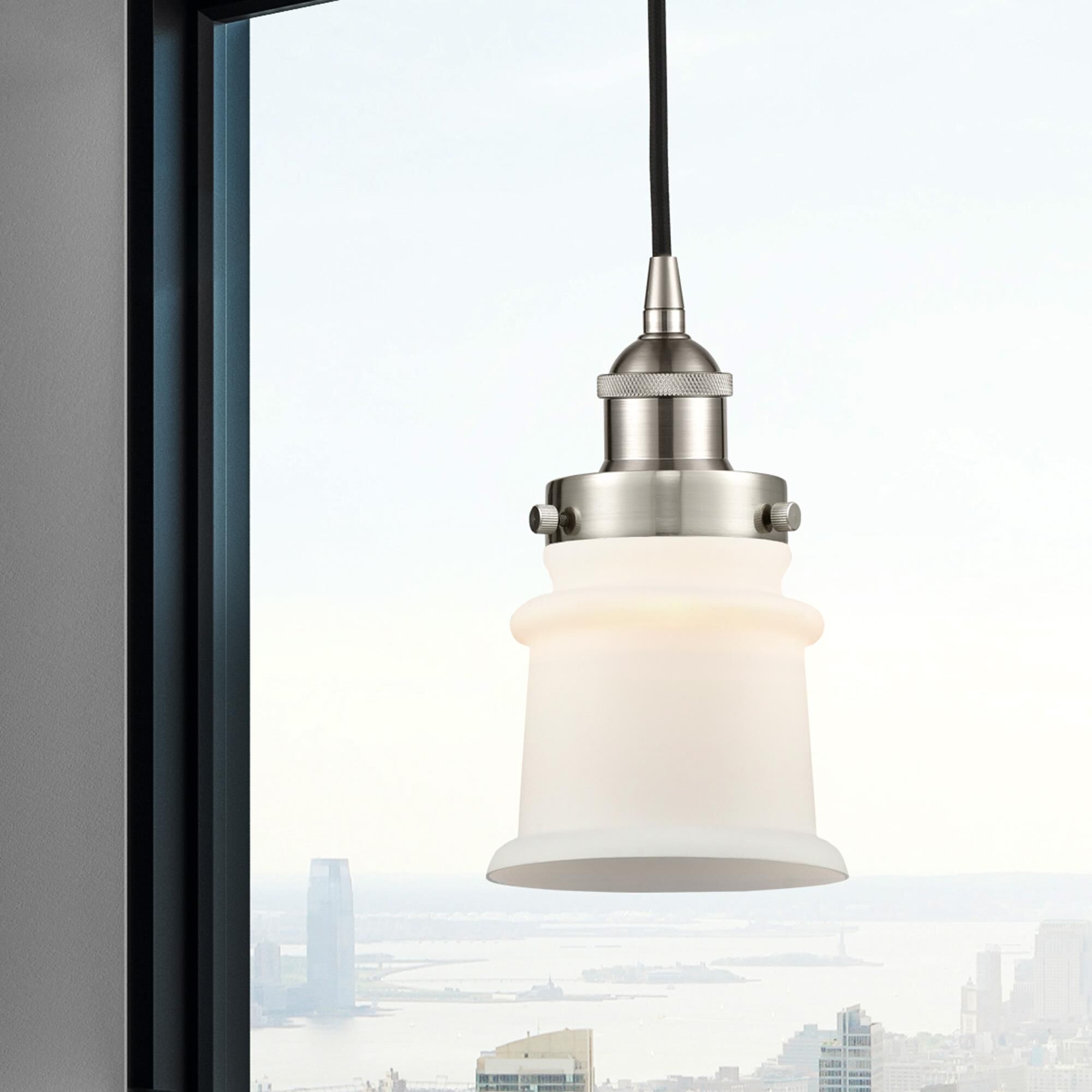 Shown in Brushed Satin Nickel finish and Matte White glass