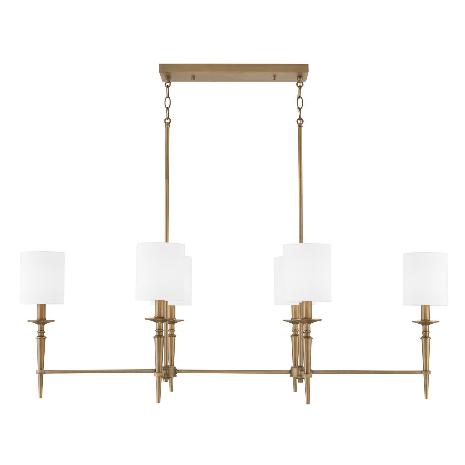 Shown in Aged Brass finish and 701 glass and White Fabric Stay-Straight s shade