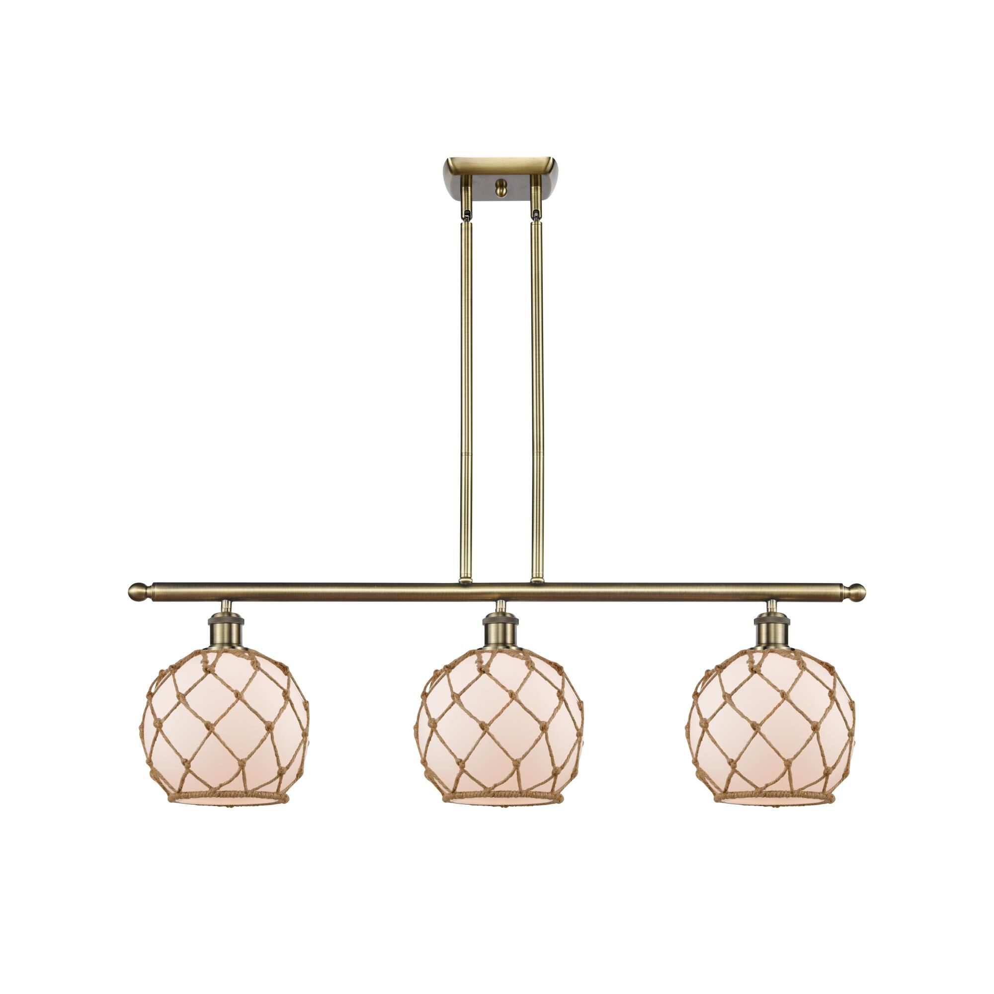 Shown in Antique Brass finish and Sphere glass and Glass And Rope shade