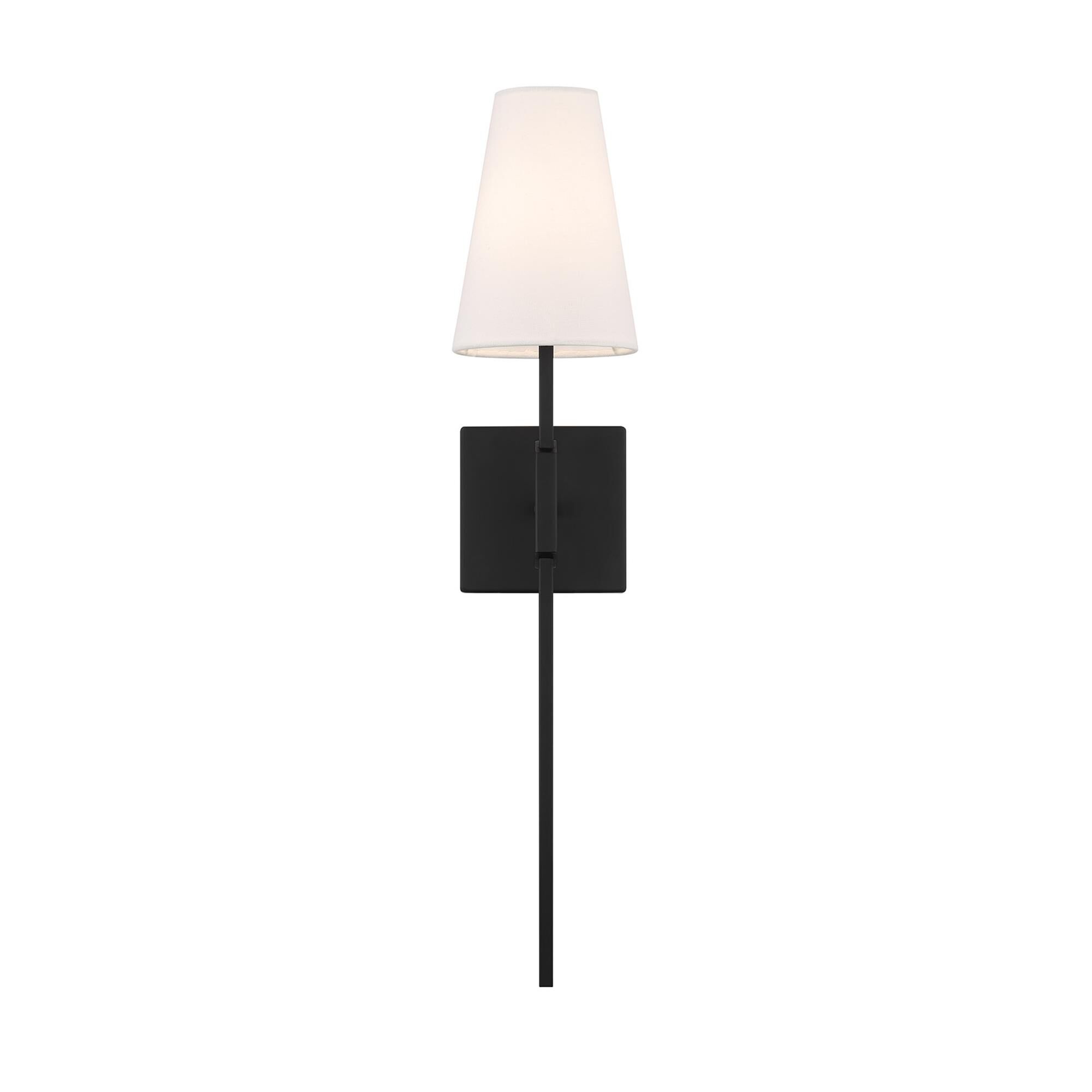 Shown in Matte Black finish and White Linen Fabric shade