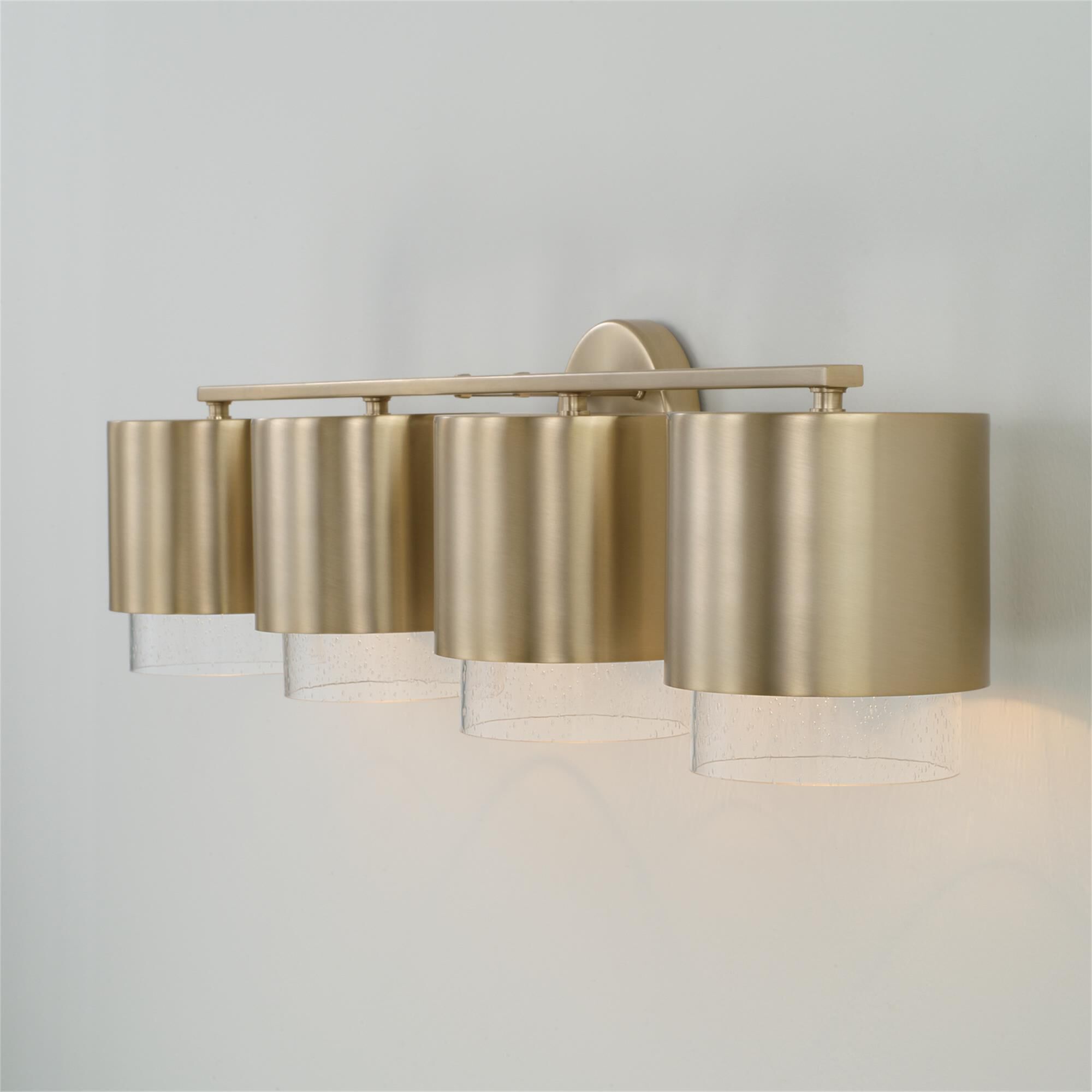 Shown in Matte Brass finish and Clear Seeded glass and Metal shade