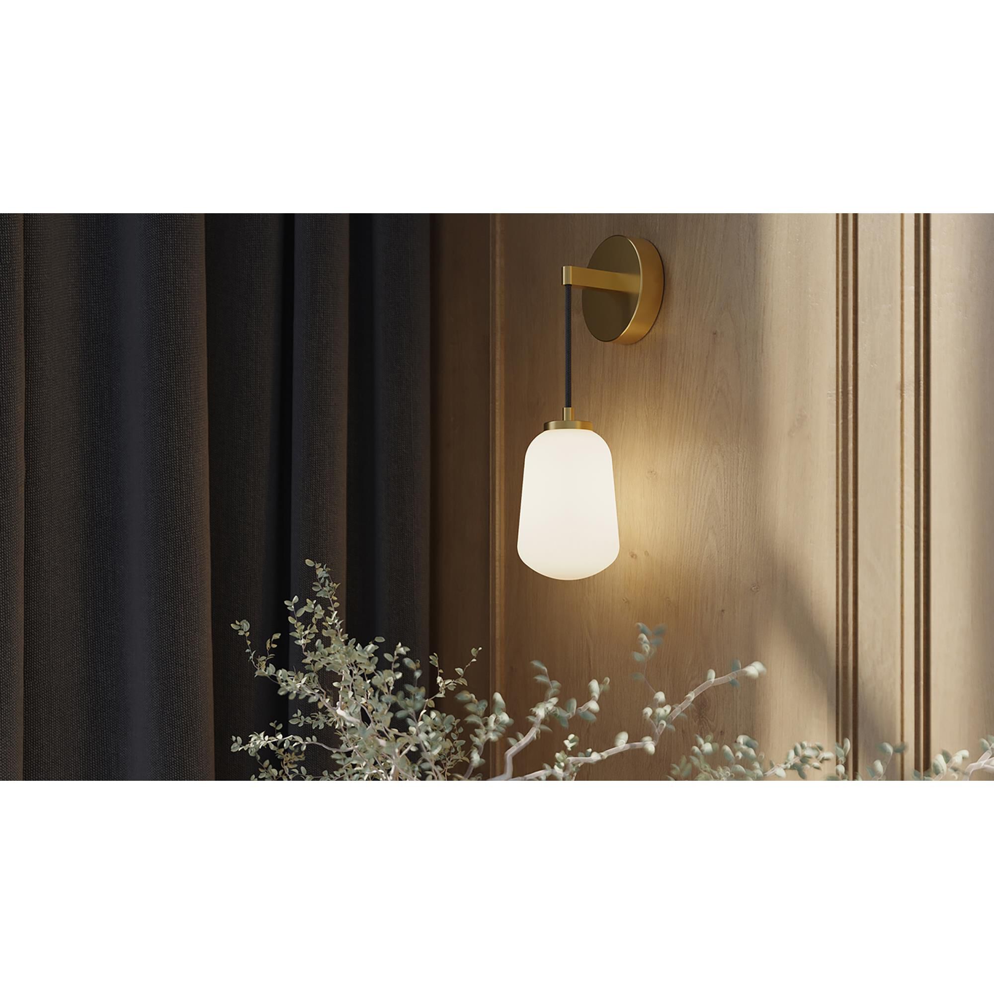 Shown in Light Antique Brass finish and White glass