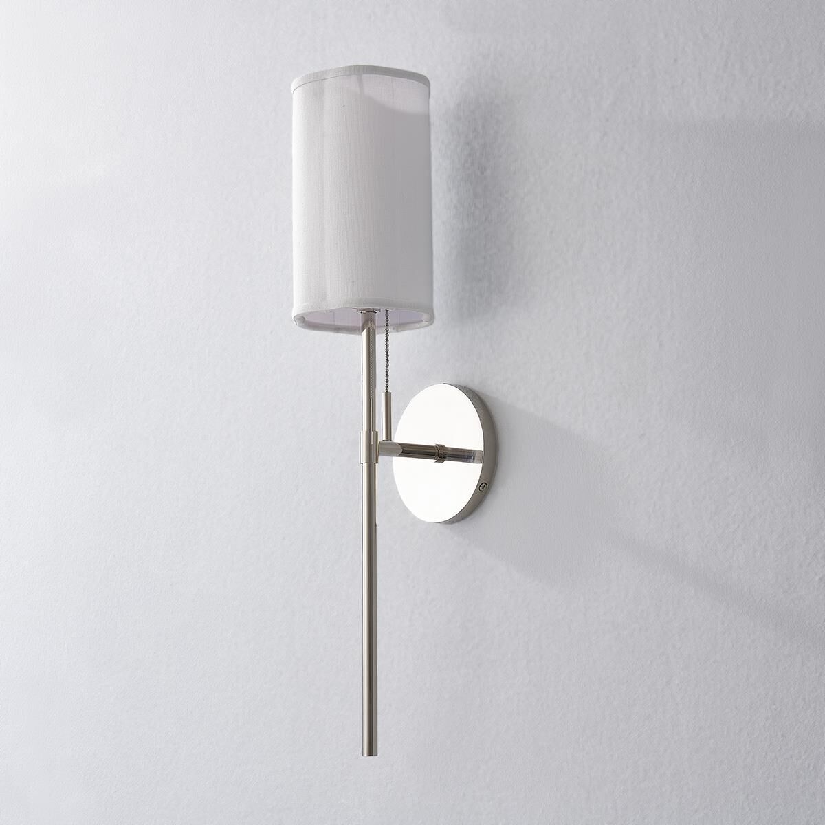 Shown in Polished Nickel finish and White Linen shade