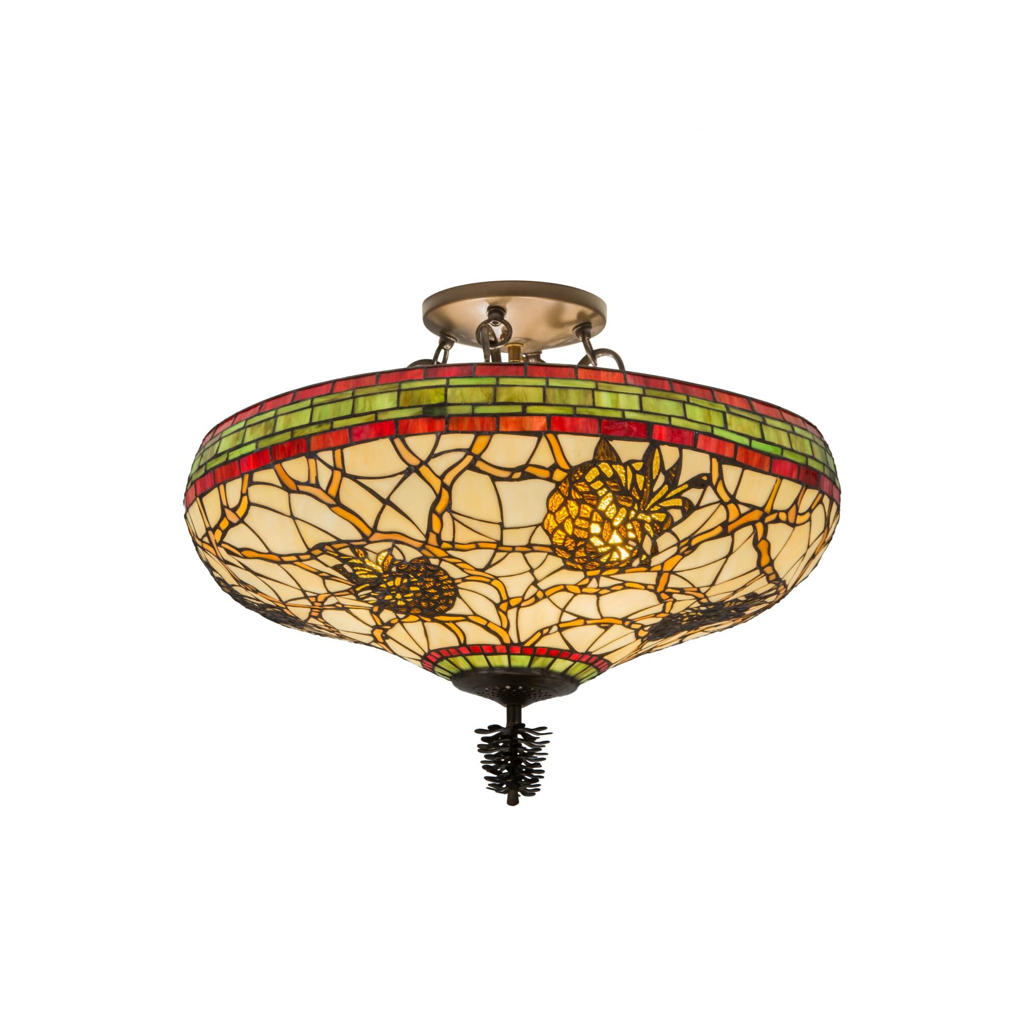 Shown in Antique Copper Finish finish and Beige-Burgundy glass