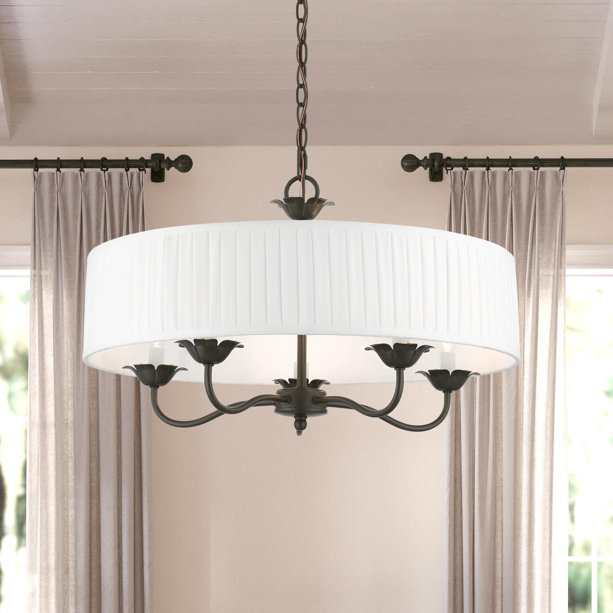 Shown in English Bronze finish and Off-White Fabric Hardback with White Fabric Inside shade