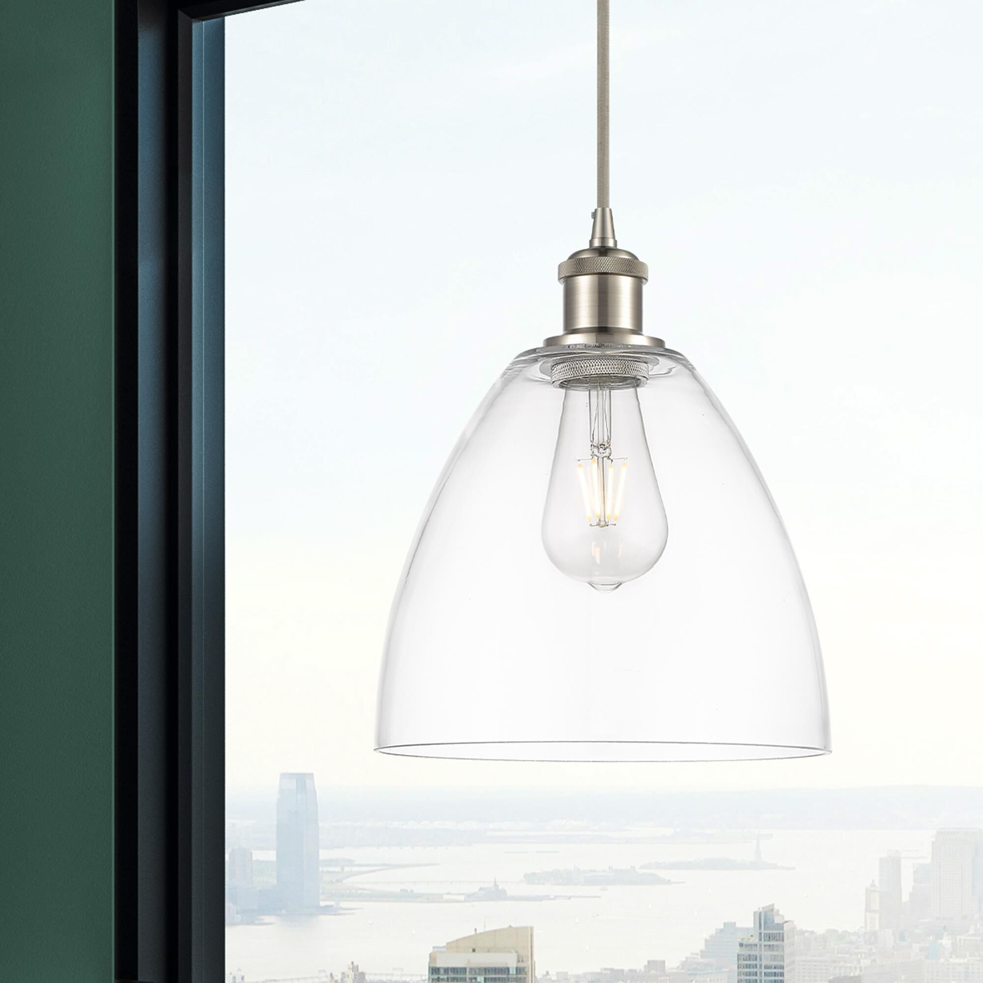 Shown in Brushed Satin Nickel finish and Cased Matte White glass