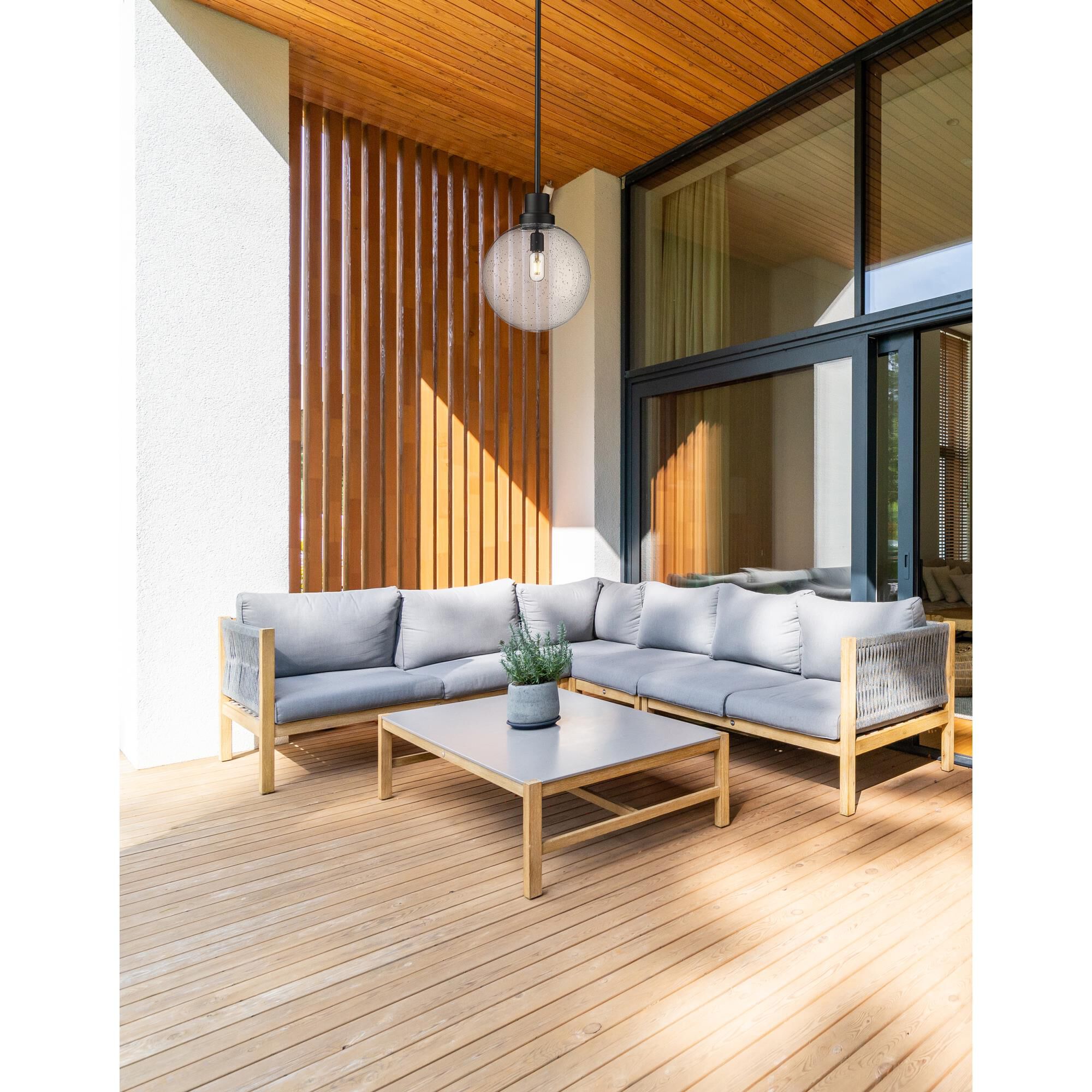 Shown in Black finish and Clear Seedy glass