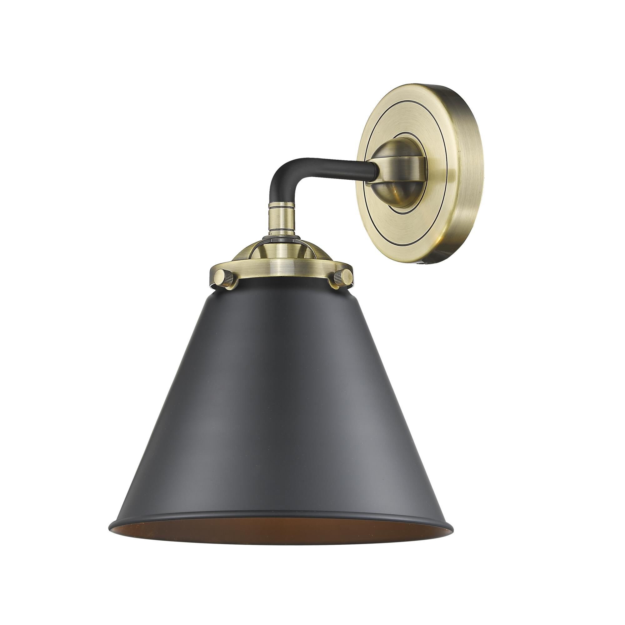 Shown in Black Antique Brass finish and Metal - Matte Black shade