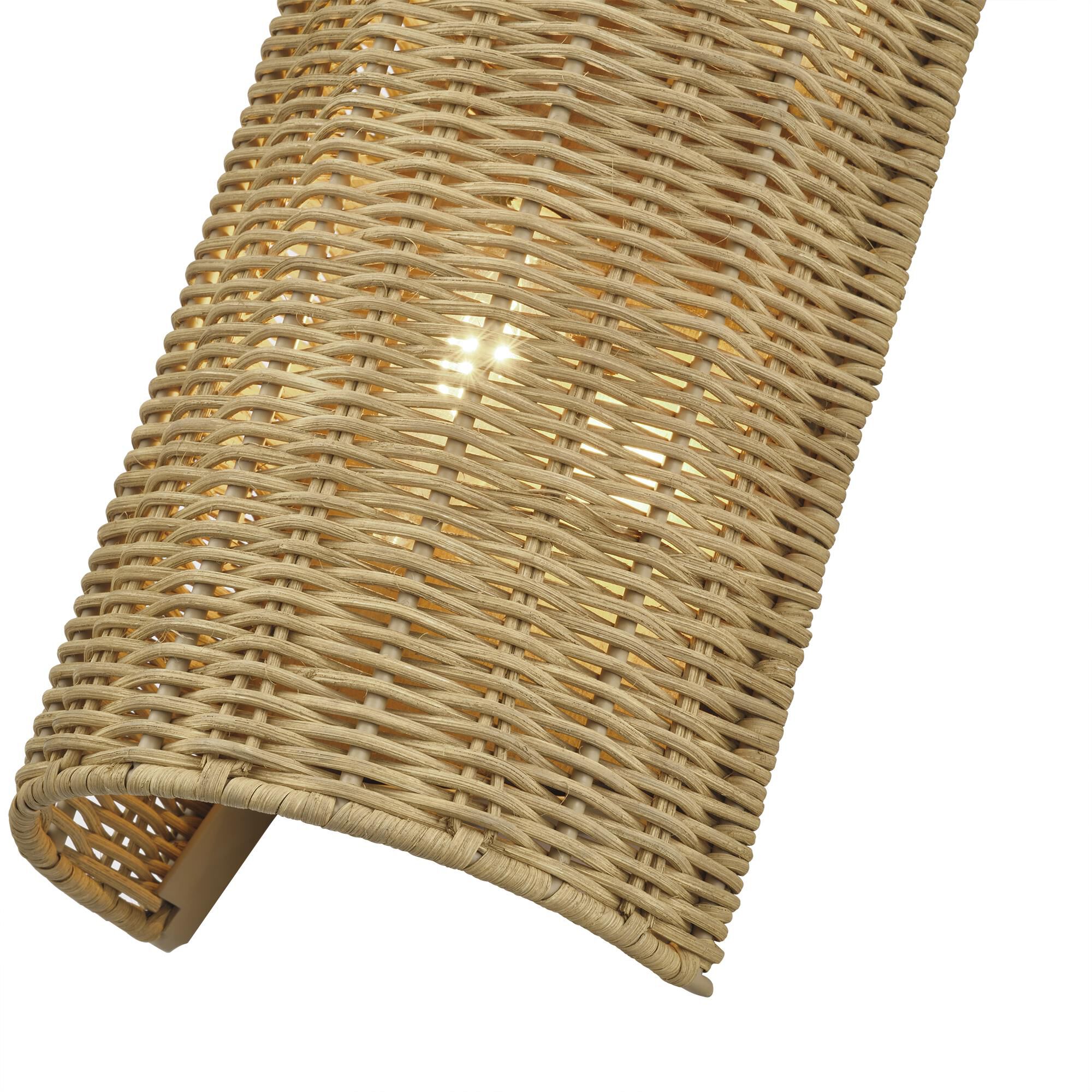 Shown in Antique Gold Leaf finish and Hand-Woven Rustic Walnut Color Rattan shade