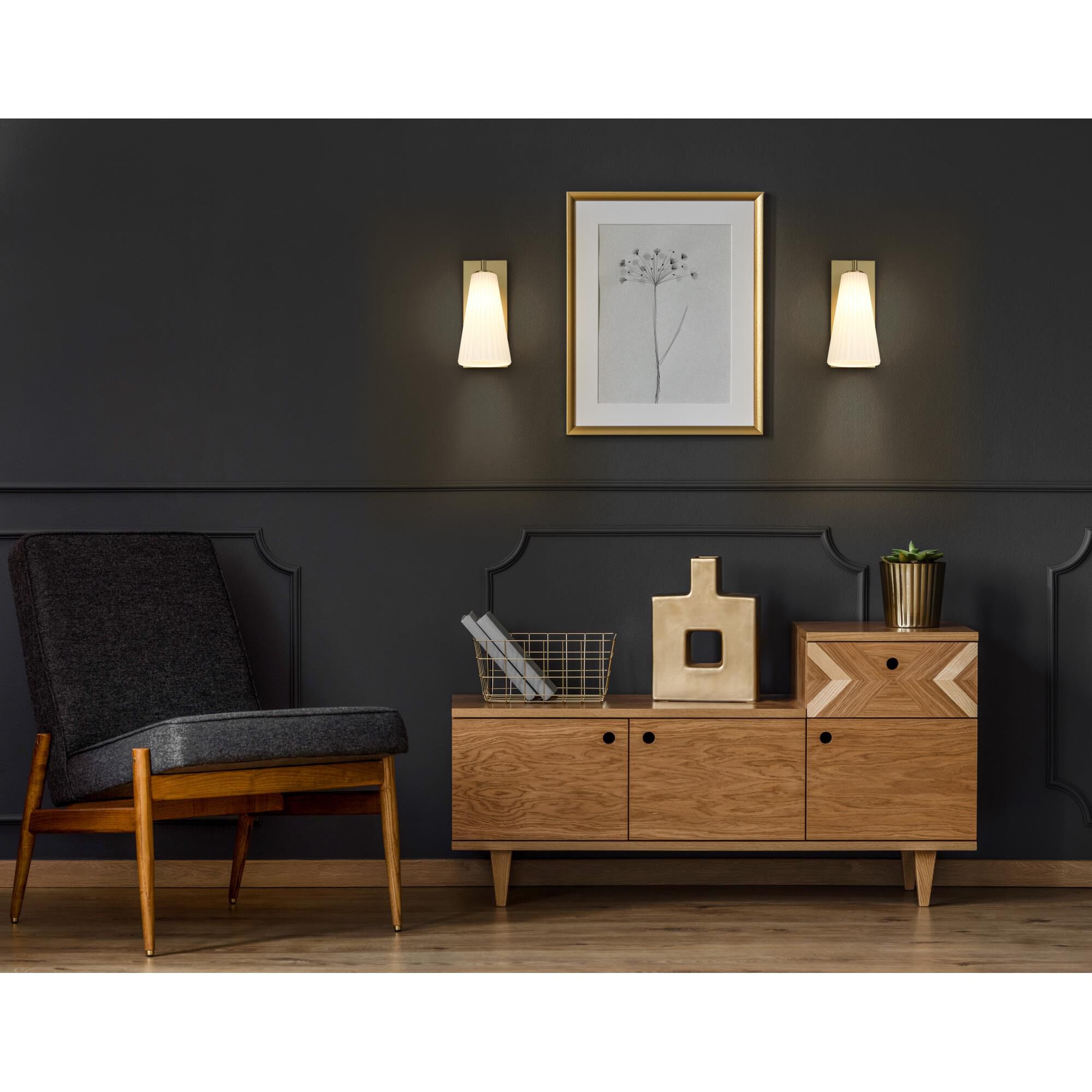 Shown in Modern Gold finish and White glass and White shade