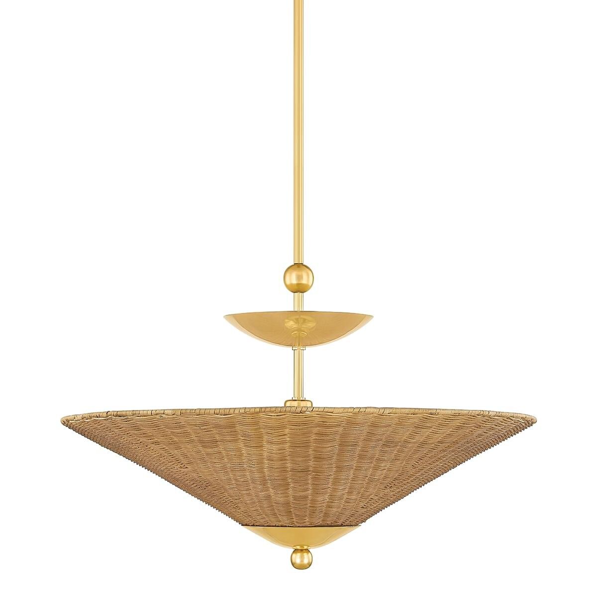 Shown in Aged Brass finish and Vintage Natural Wicker shade