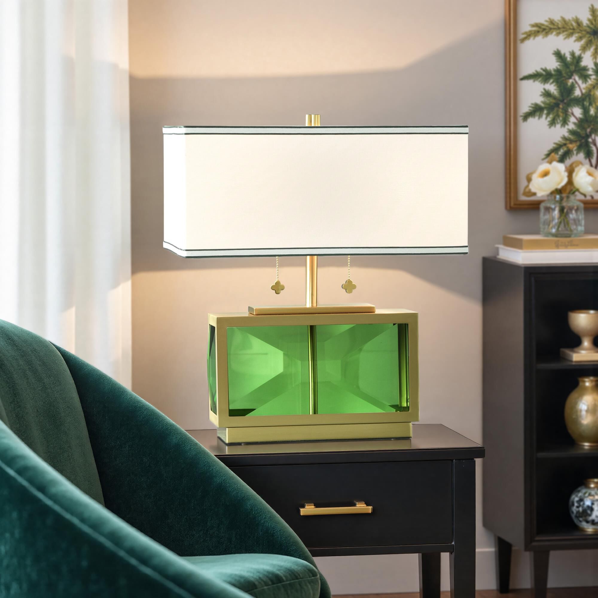 Shown in Polished Brass and Green finish and Off-White With Dark Green Double-Lined Trim shade