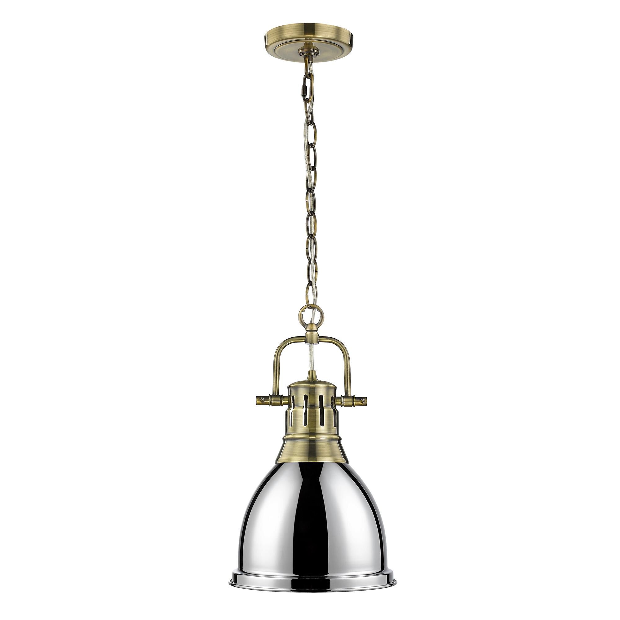 Shown in Aged Brass finish and Chrome shade