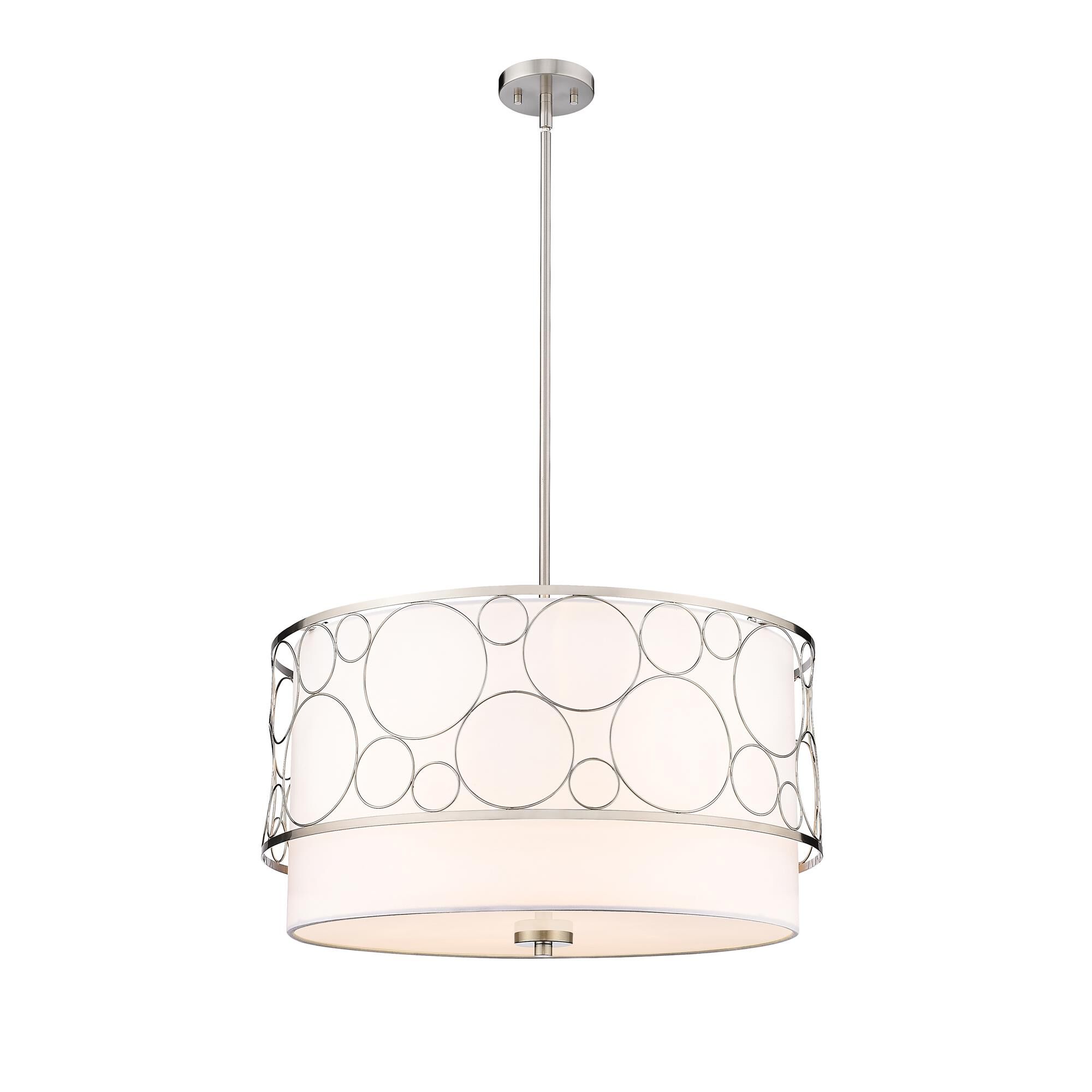 Shown in Brushed Nickel finish and White glass and White shade