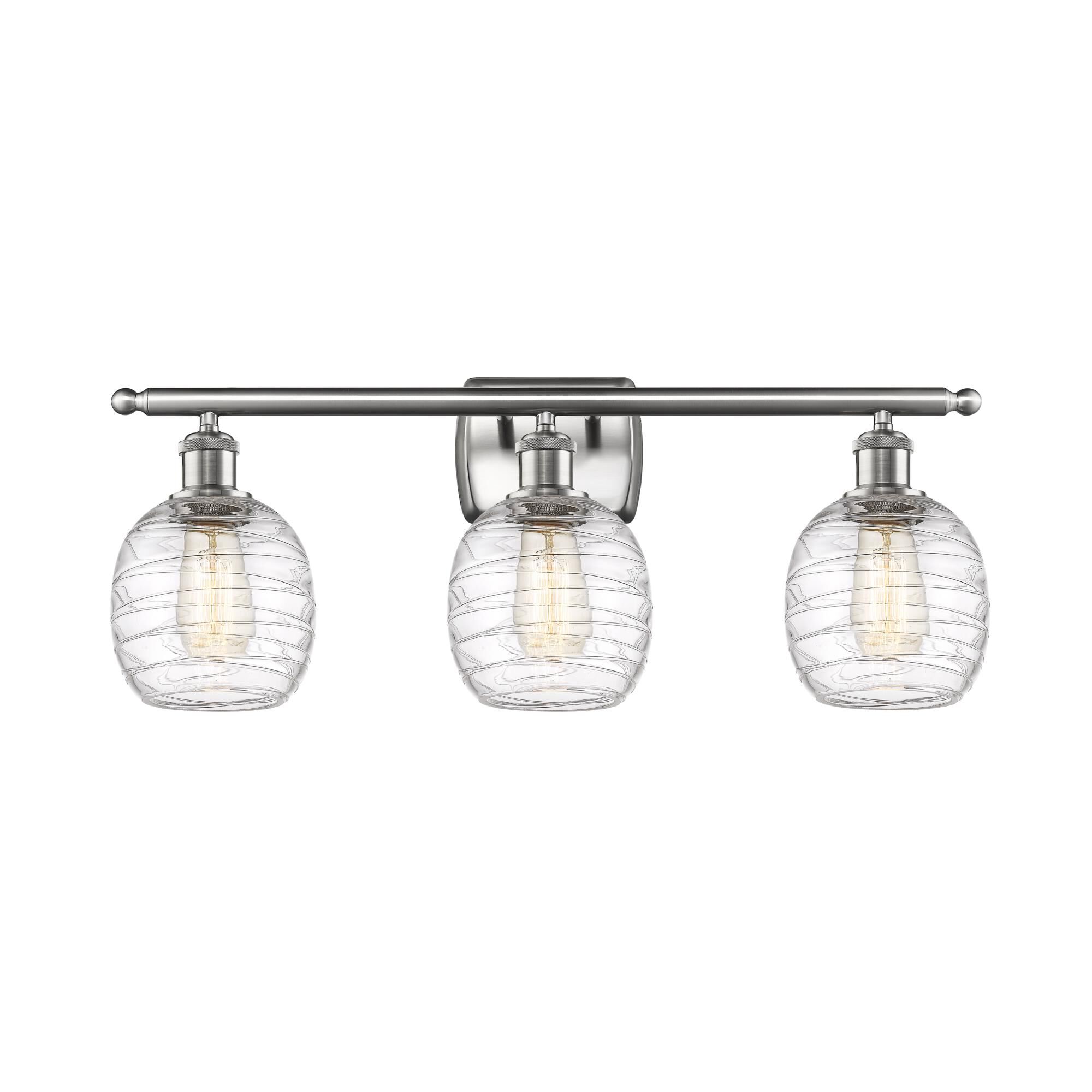 Shown in Brushed Satin Nickel finish and Deco Swirl Belfast glass