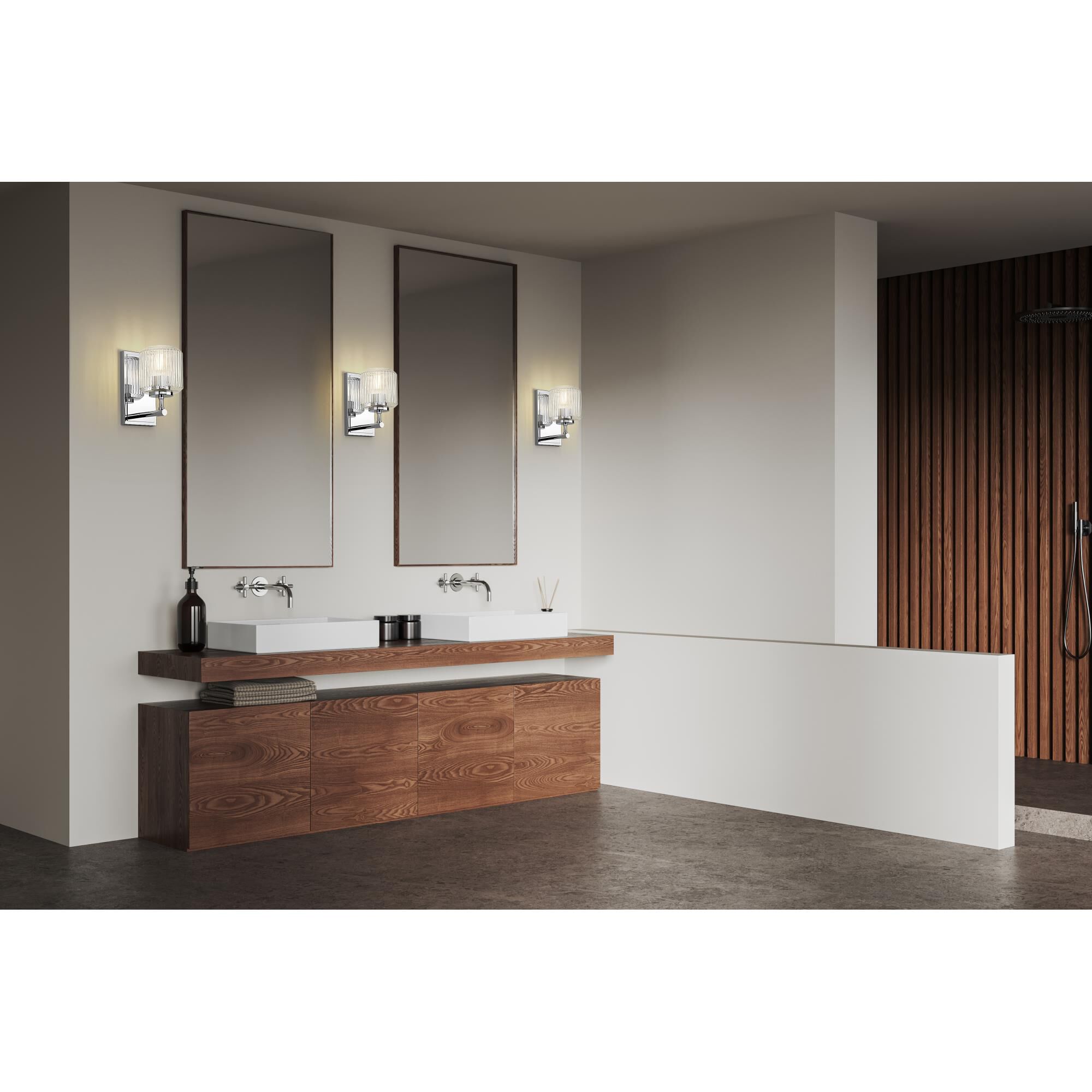 Shown in Chrome finish and Clear Ribbed glass and Clear Ribbed shade