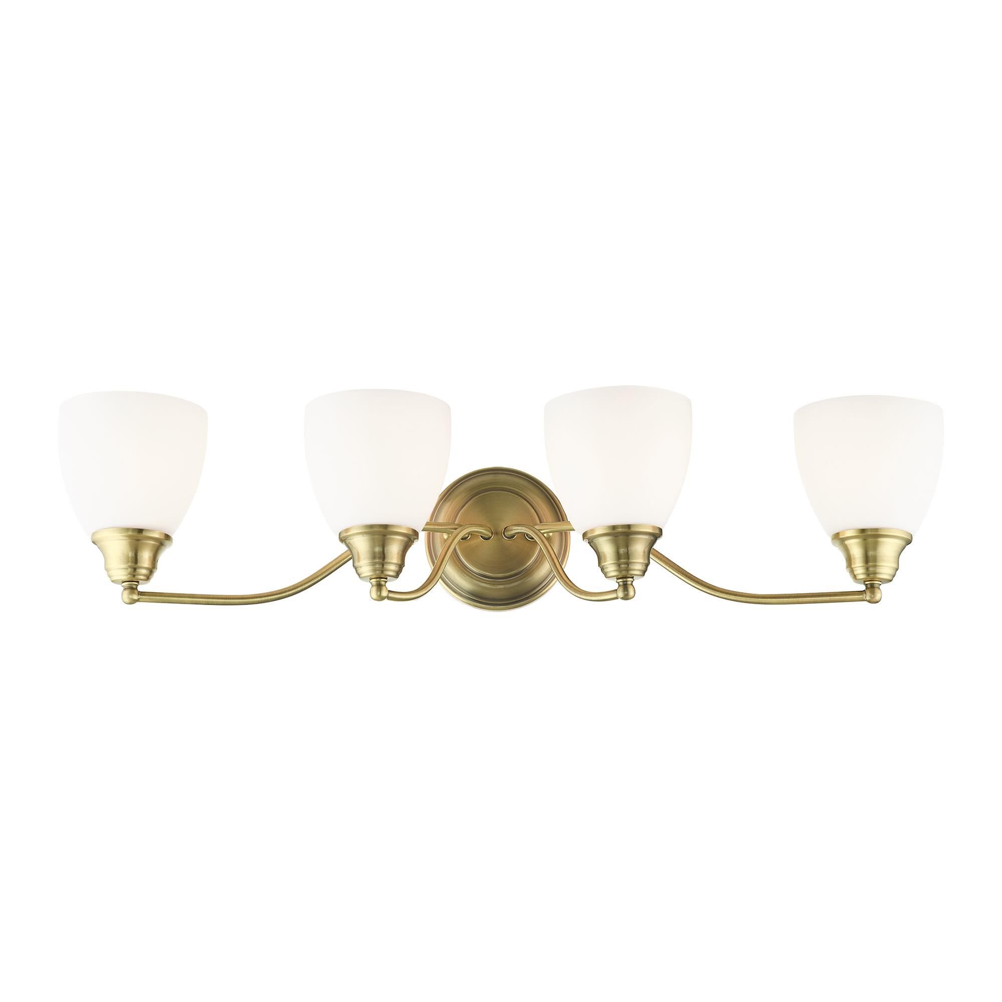 Shown in Antique Brass finish and Hand Blown Satin Opal White glass