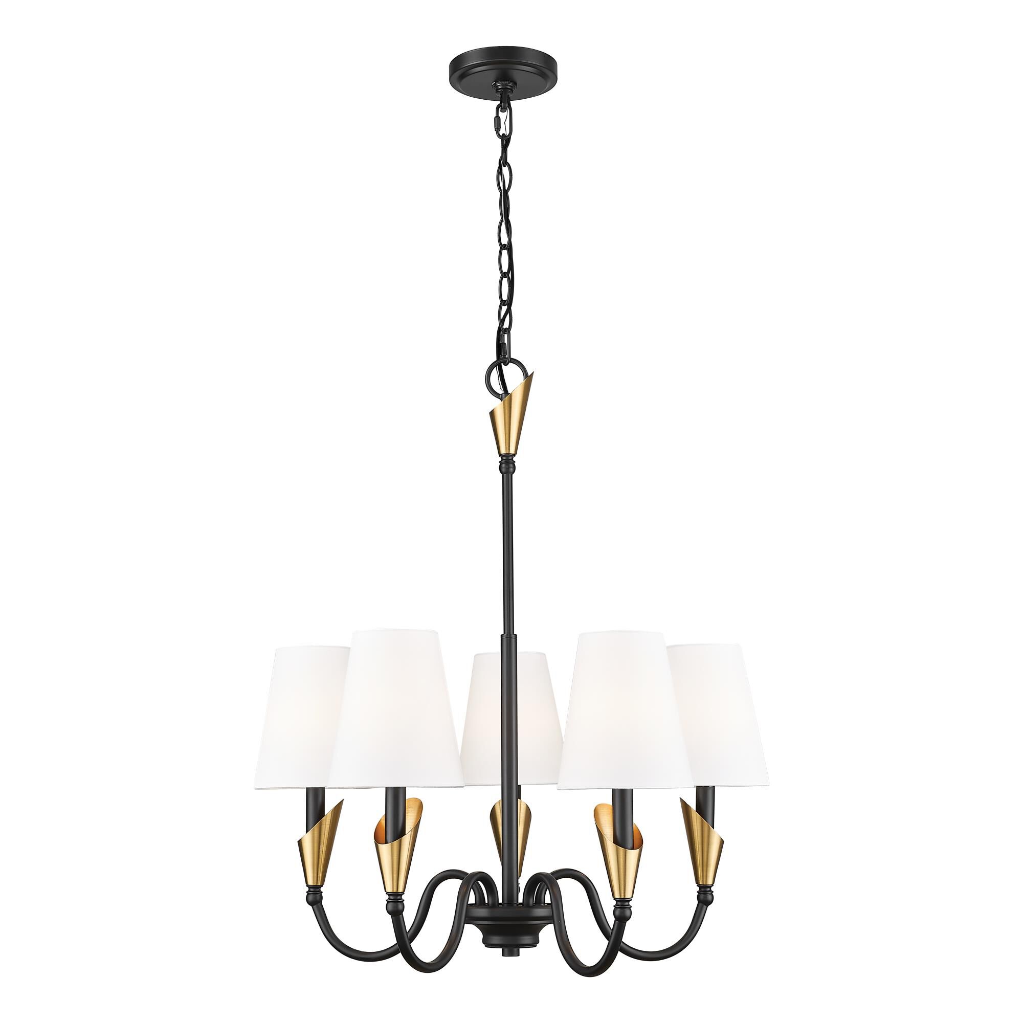 Shown in Matte Black And Modern Gold finish and White glass and White shade