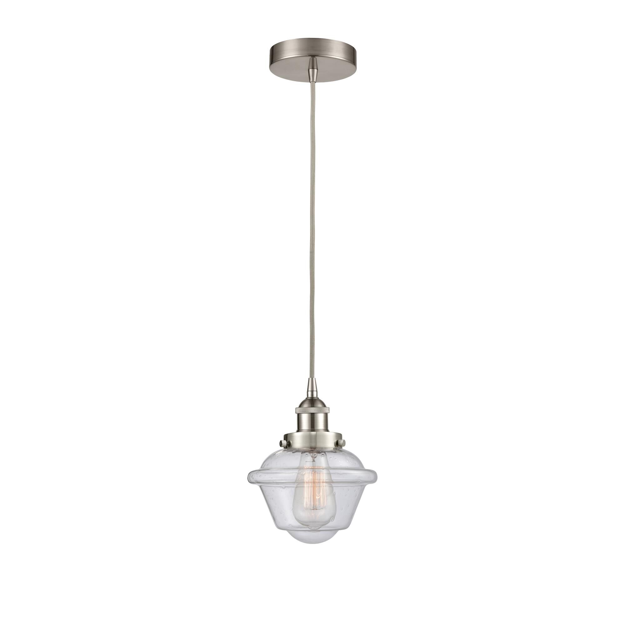 Shown in Brushed Satin Nickel finish and Seedy Small Oxford glass