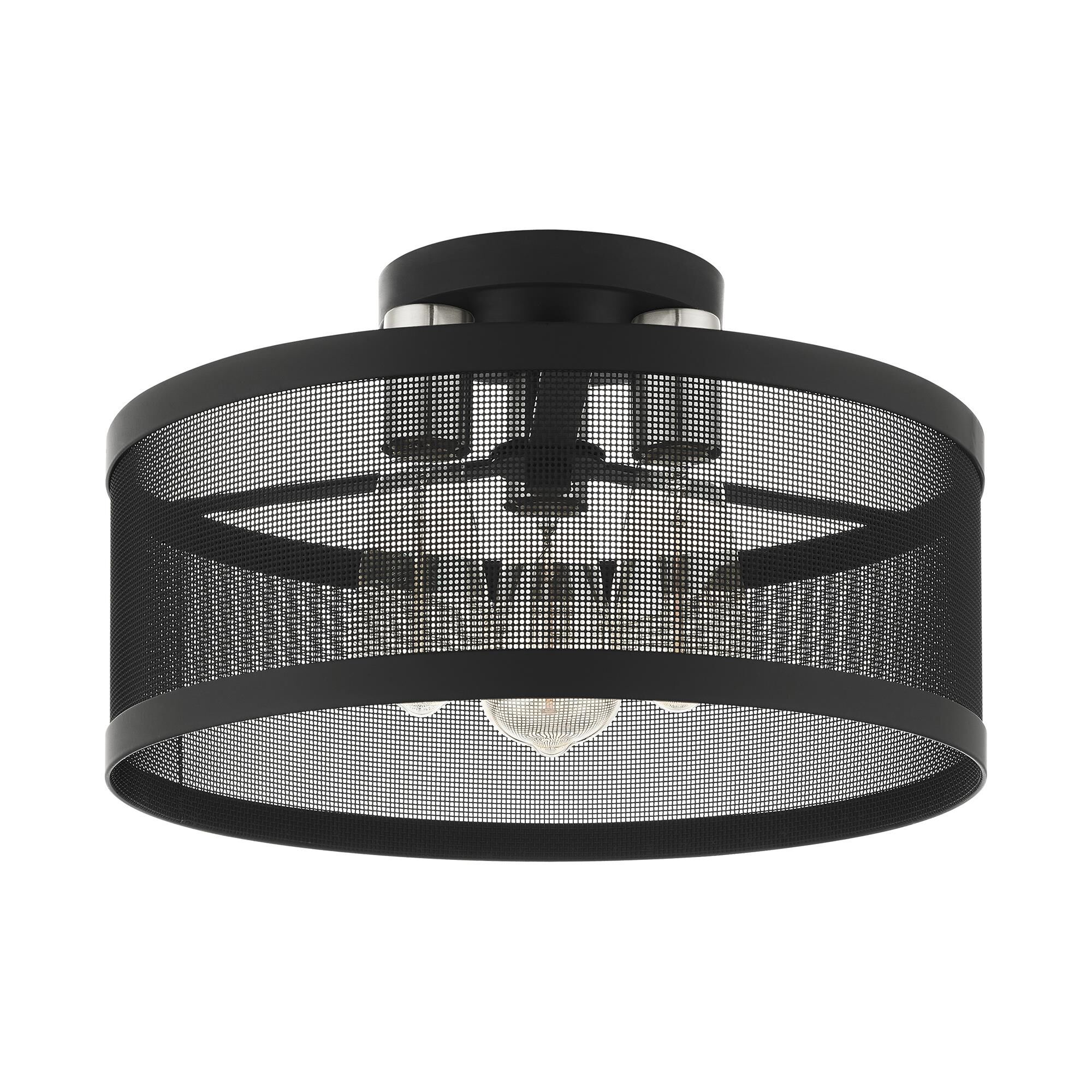 Shown in Black With Brushed Nickel Accents finish and Black Stainless Mesh Shade glass and Black Stainless Mesh shade