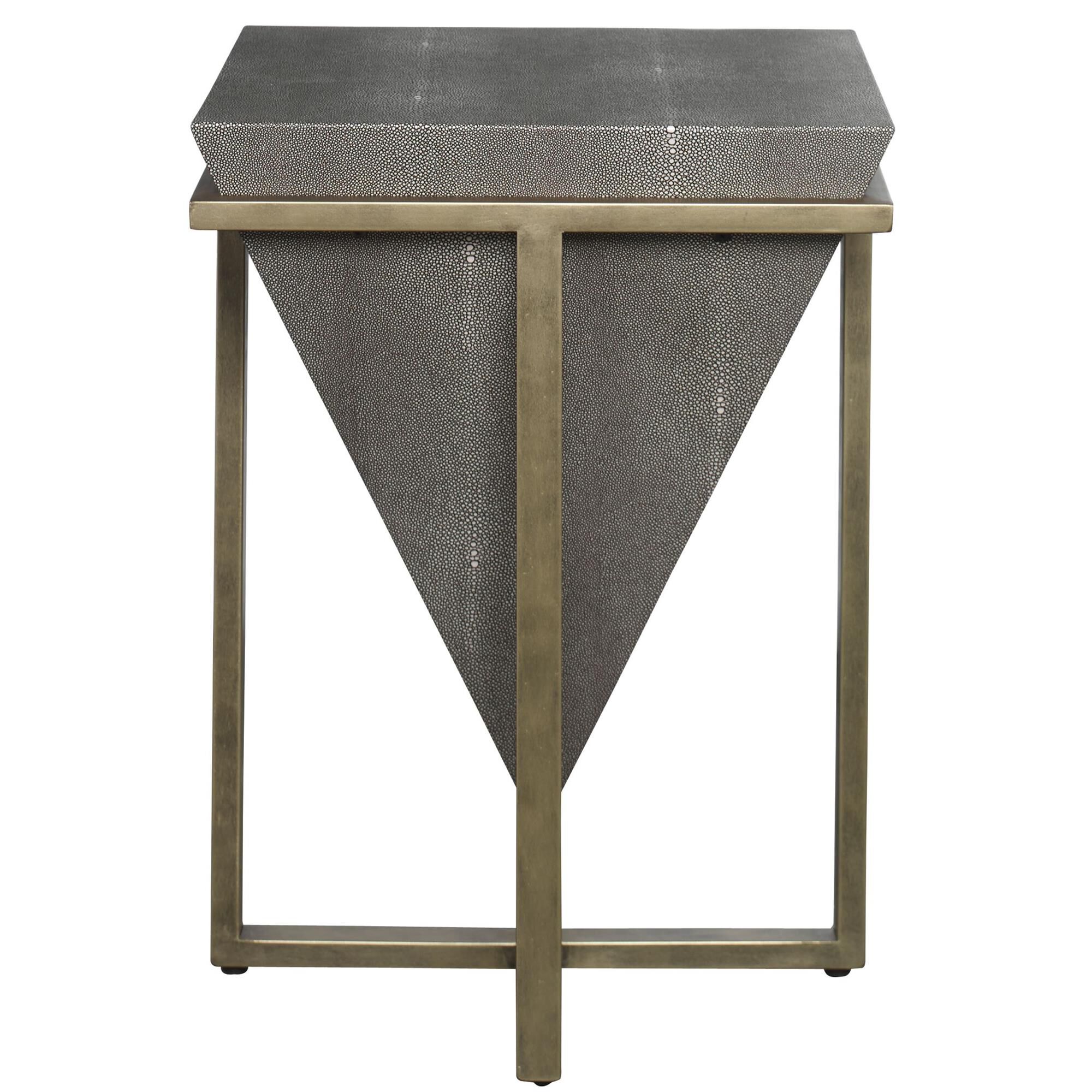 Shown in This Upside Down Pyramid Is Finished In An Elegant Gray Faux Shagreen, Nestled Into An Iron Base Fin finish