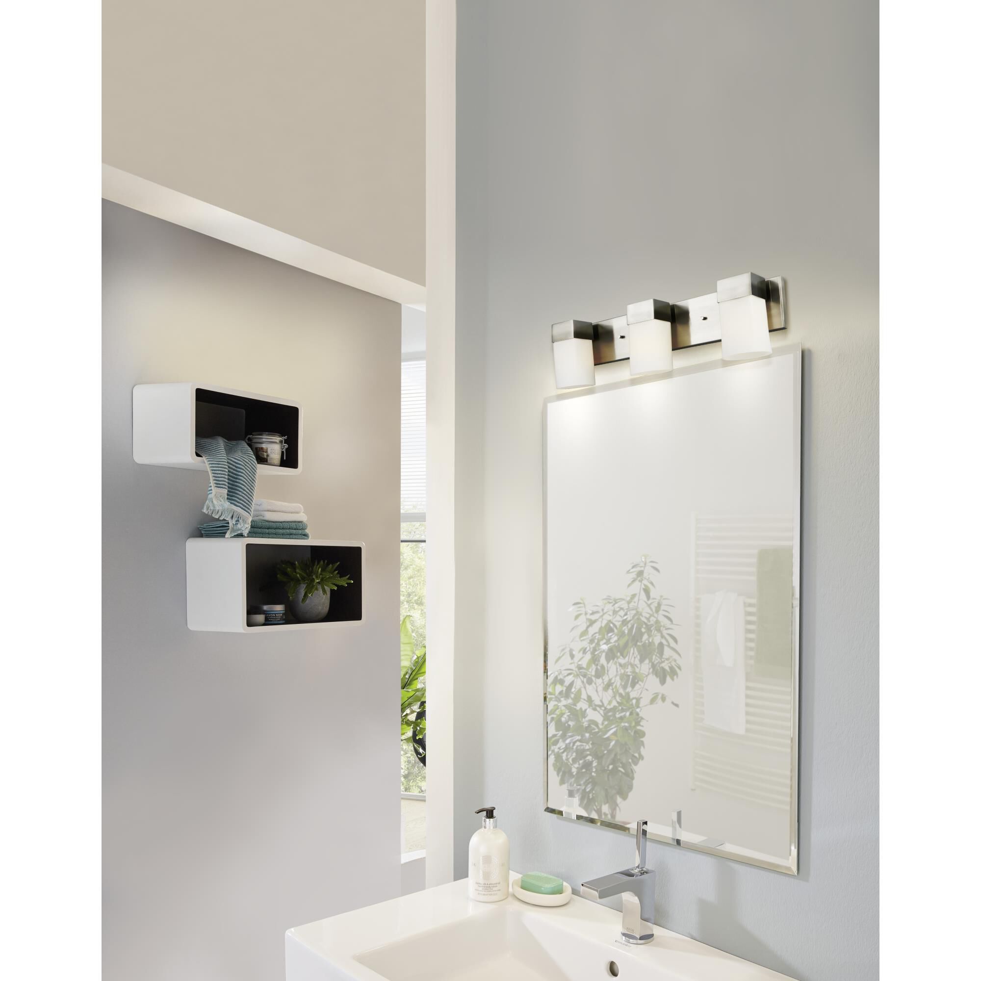 Shown in Brushed Nickel finish and Frosted glass and Square - Rectangle accent