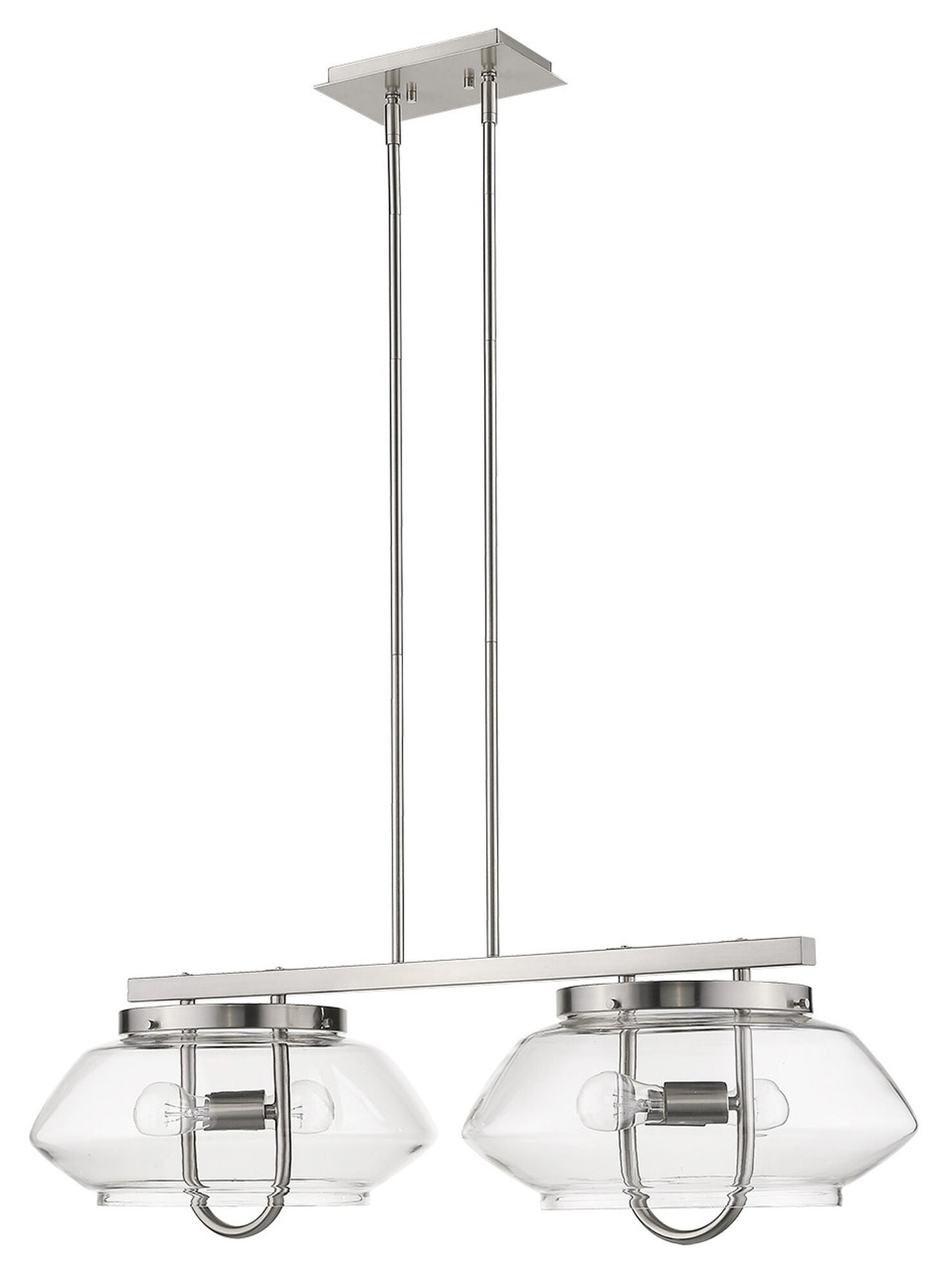 Shown in Satin Nickel finish and Clear glass and Clear Glass Drum shade