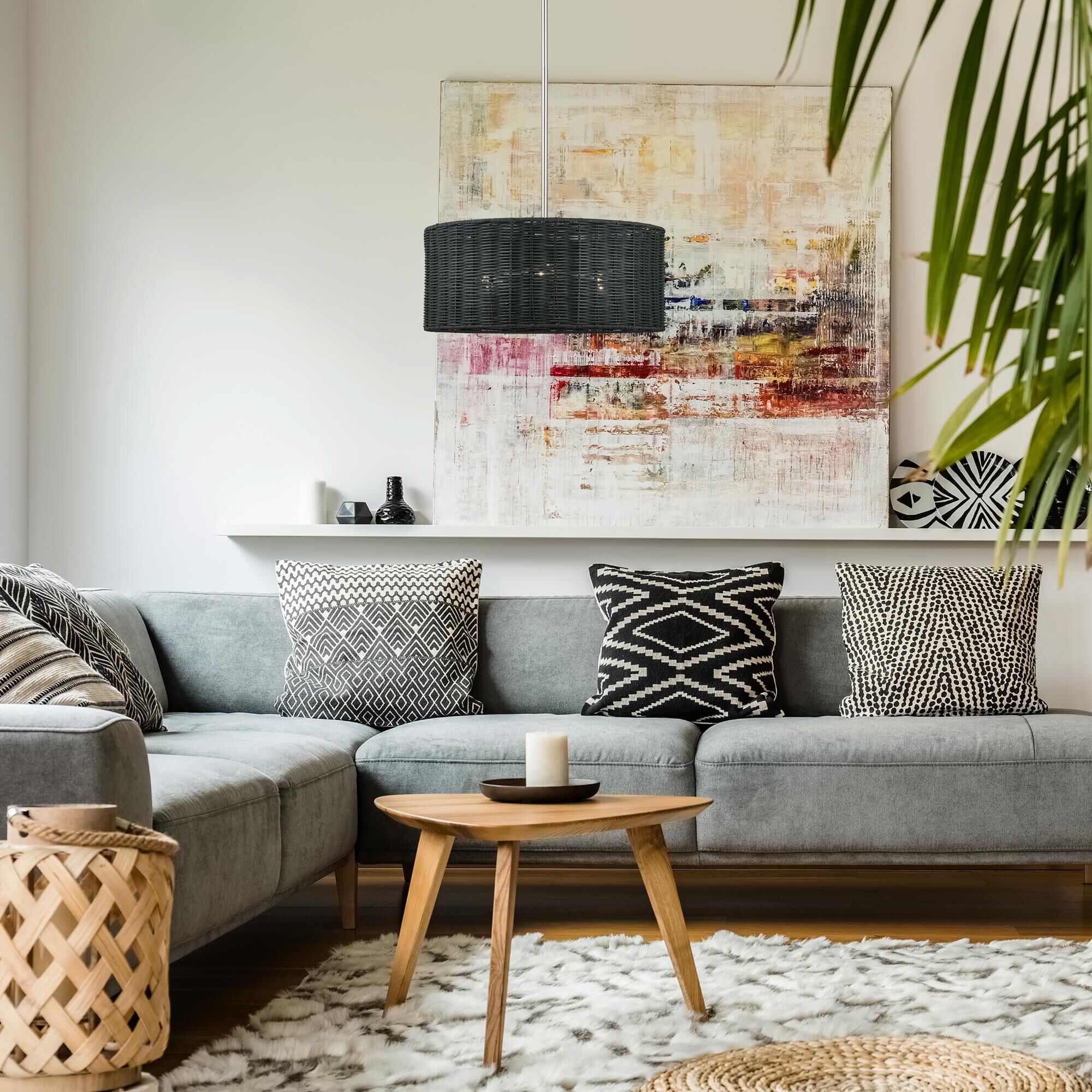 Shown in Brushed Nickel finish and Hand-Woven Charred Gray Color Rattan shade